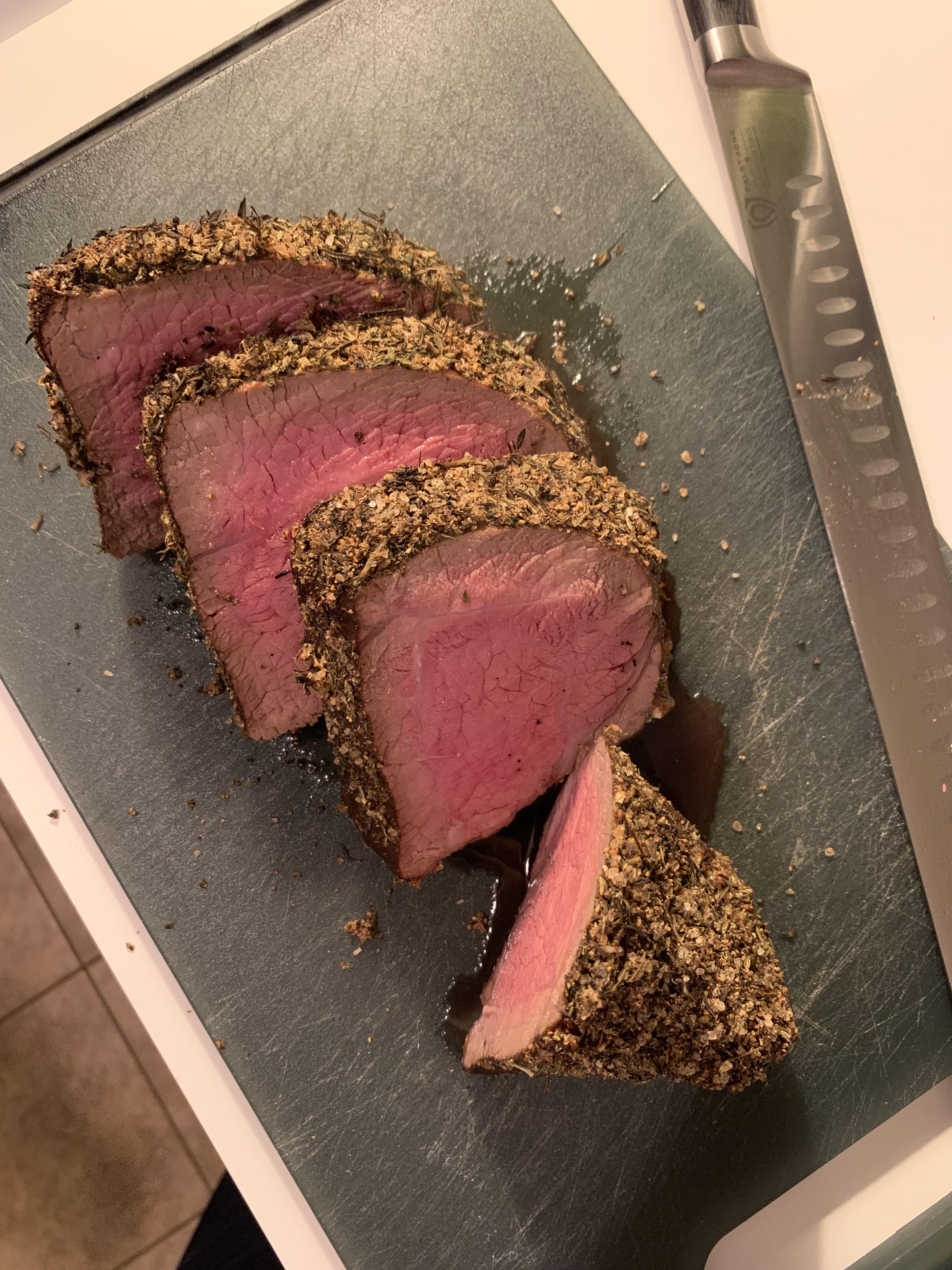 20 hour sous vide chuck roast finished in the oven with an herb crust