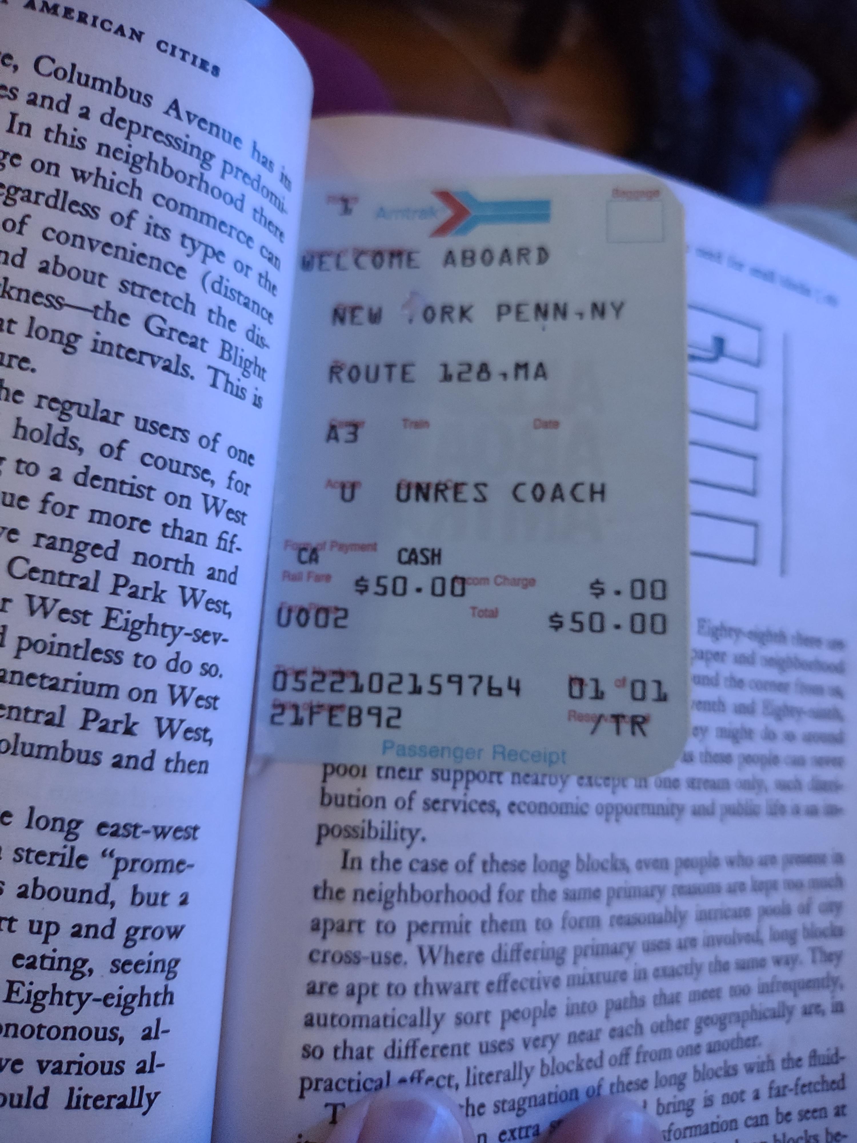 I found an Amtrak ticket from Feb. 1992 in a used book r