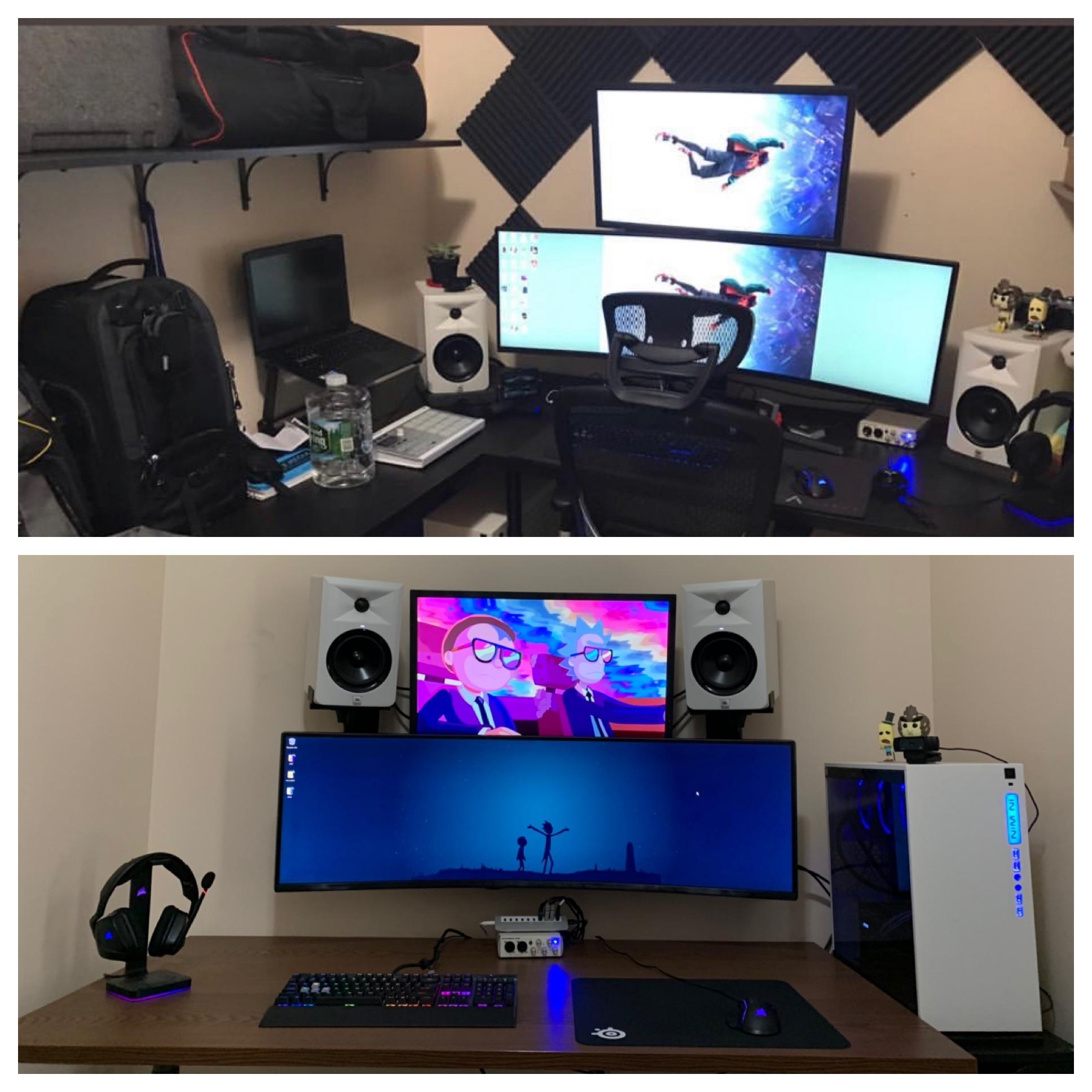 Before and after. Wall mounted my speakers and monitors and got a new