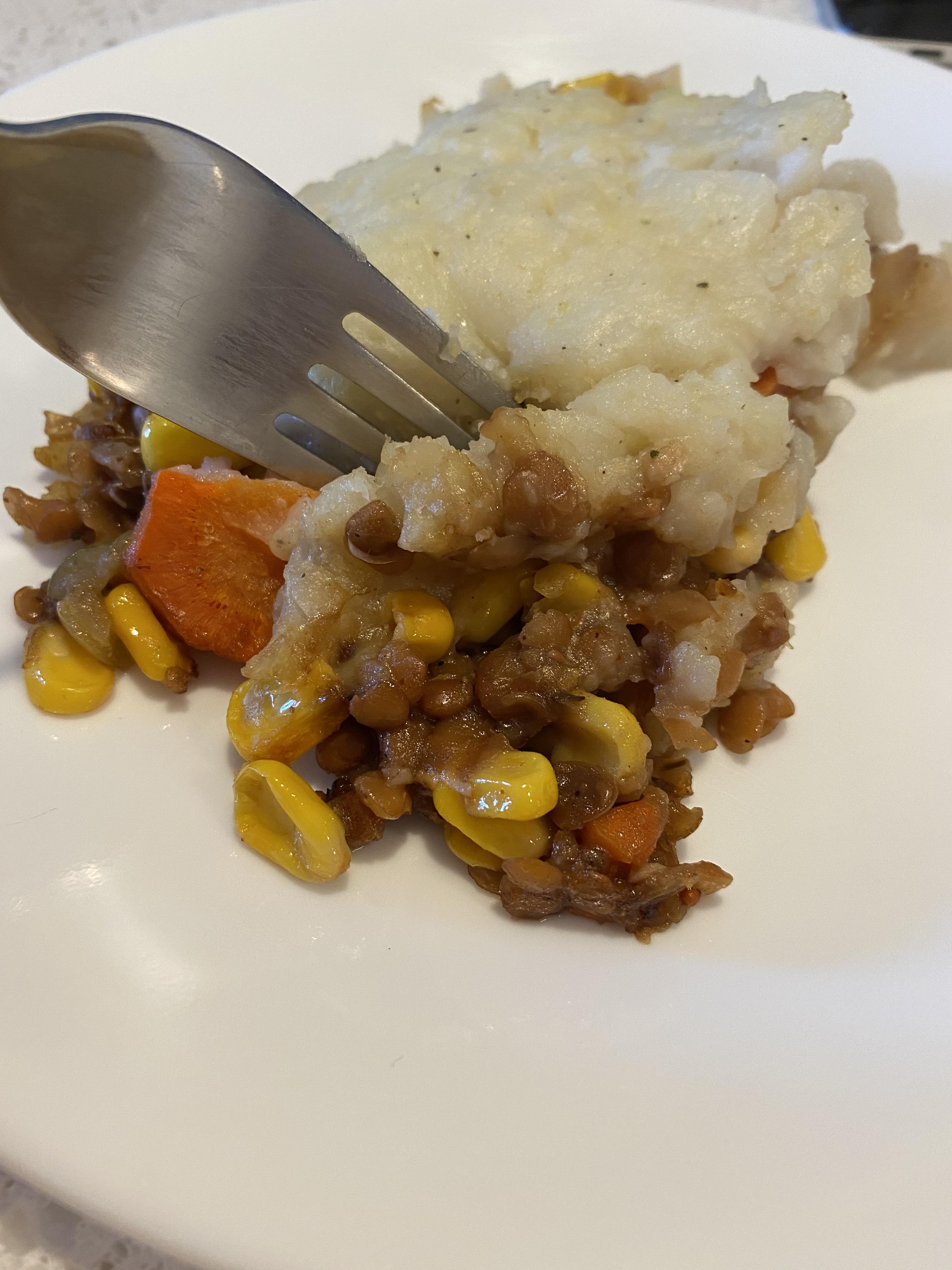 Vegan Shepard’s pie 🥰 😋 lentils substitute for meat, onion gravy and