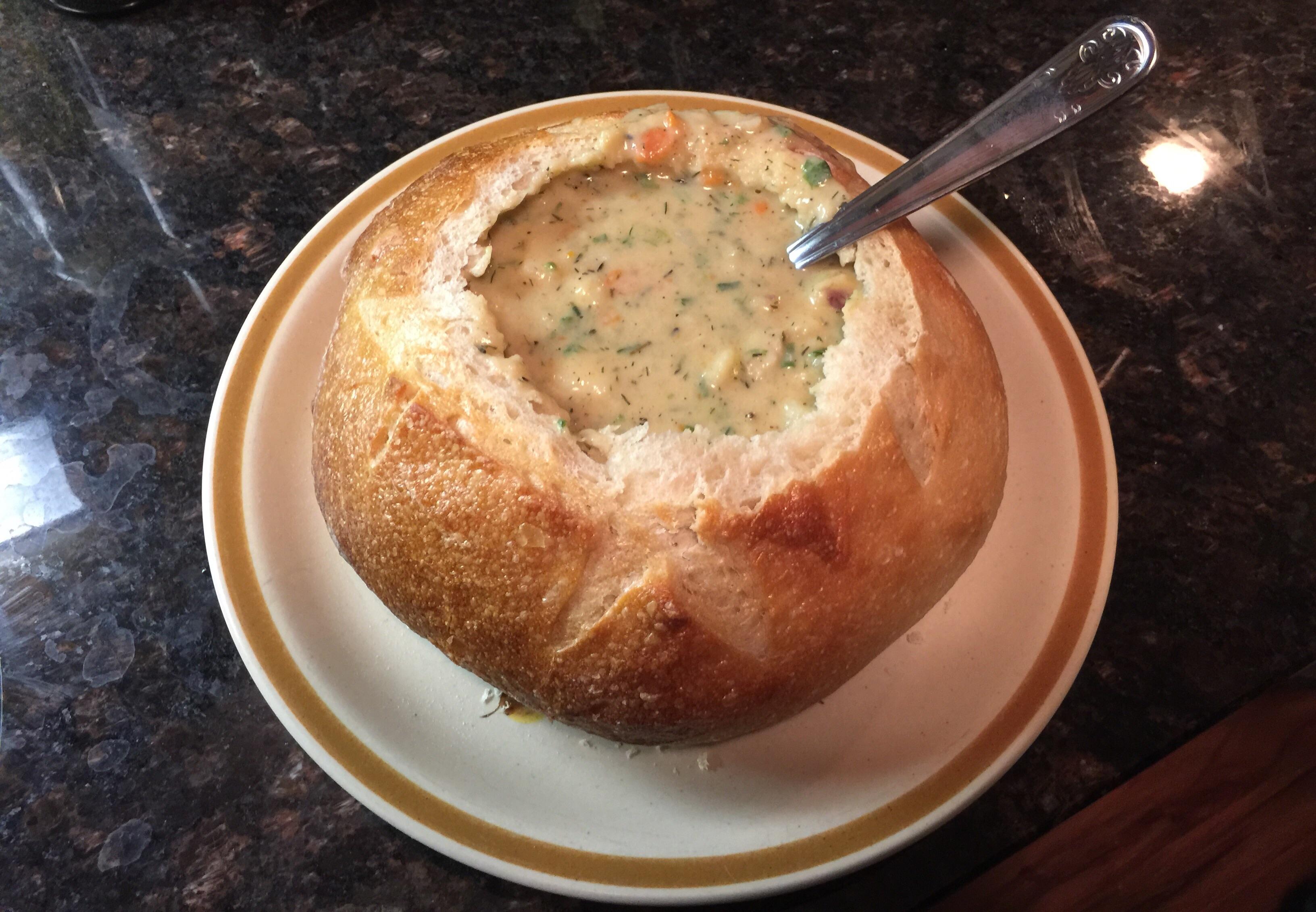 Fish Chowder in a Bread Bowl [Homemade] r/food