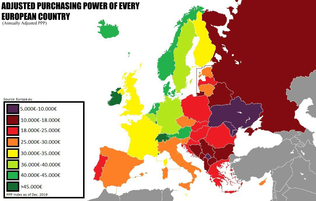 Adjusted Purchasing Power of every European country r/europe