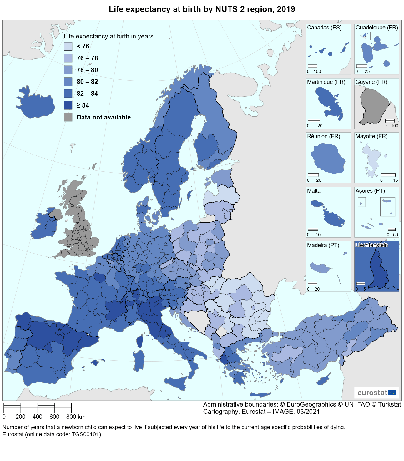 Life expectancy at birth in European NUTS 2 regions, 2019 [slightly OC] r/MapPorn