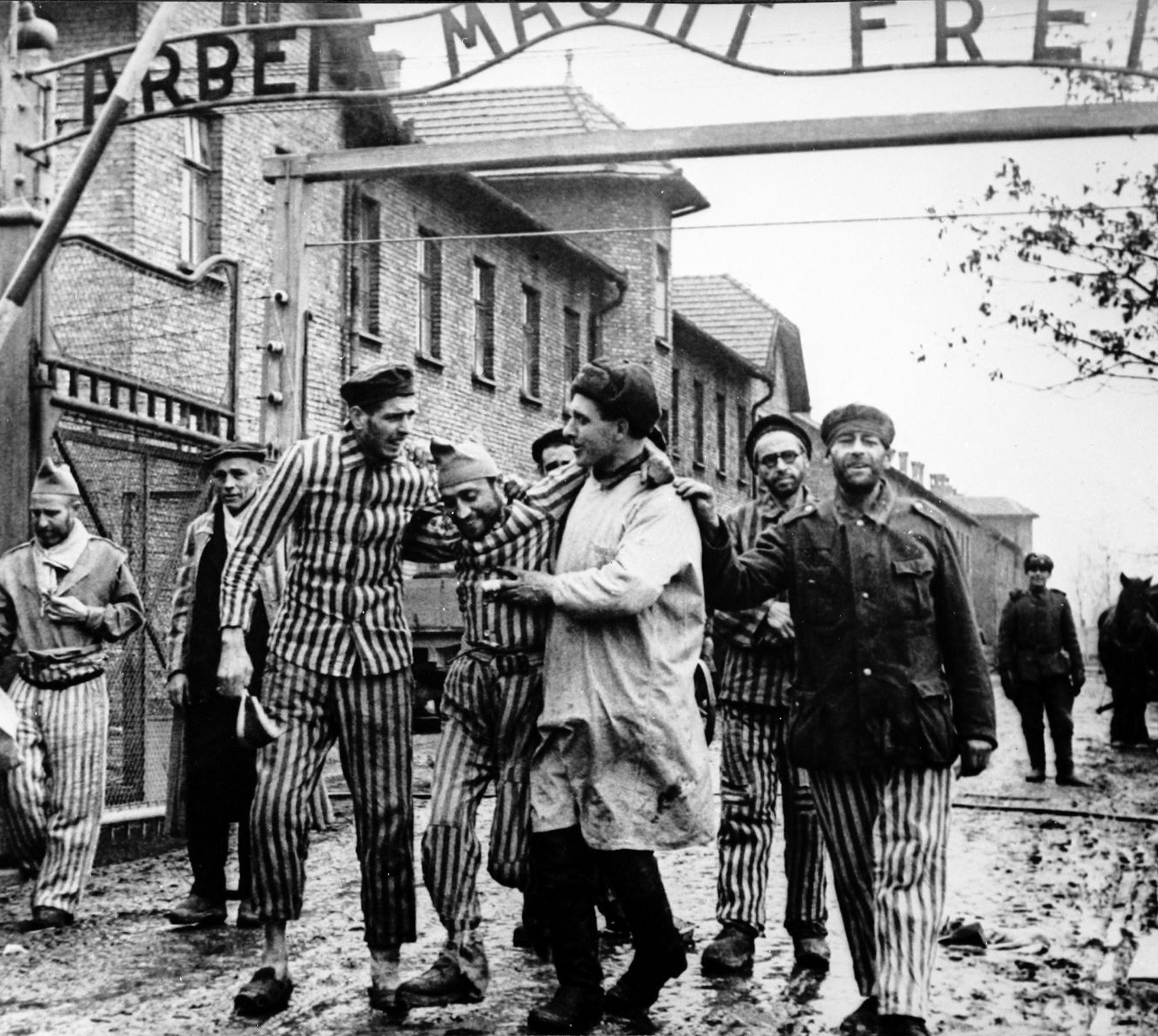 Prisoners from Auschwitz assisting each other out of the camp after