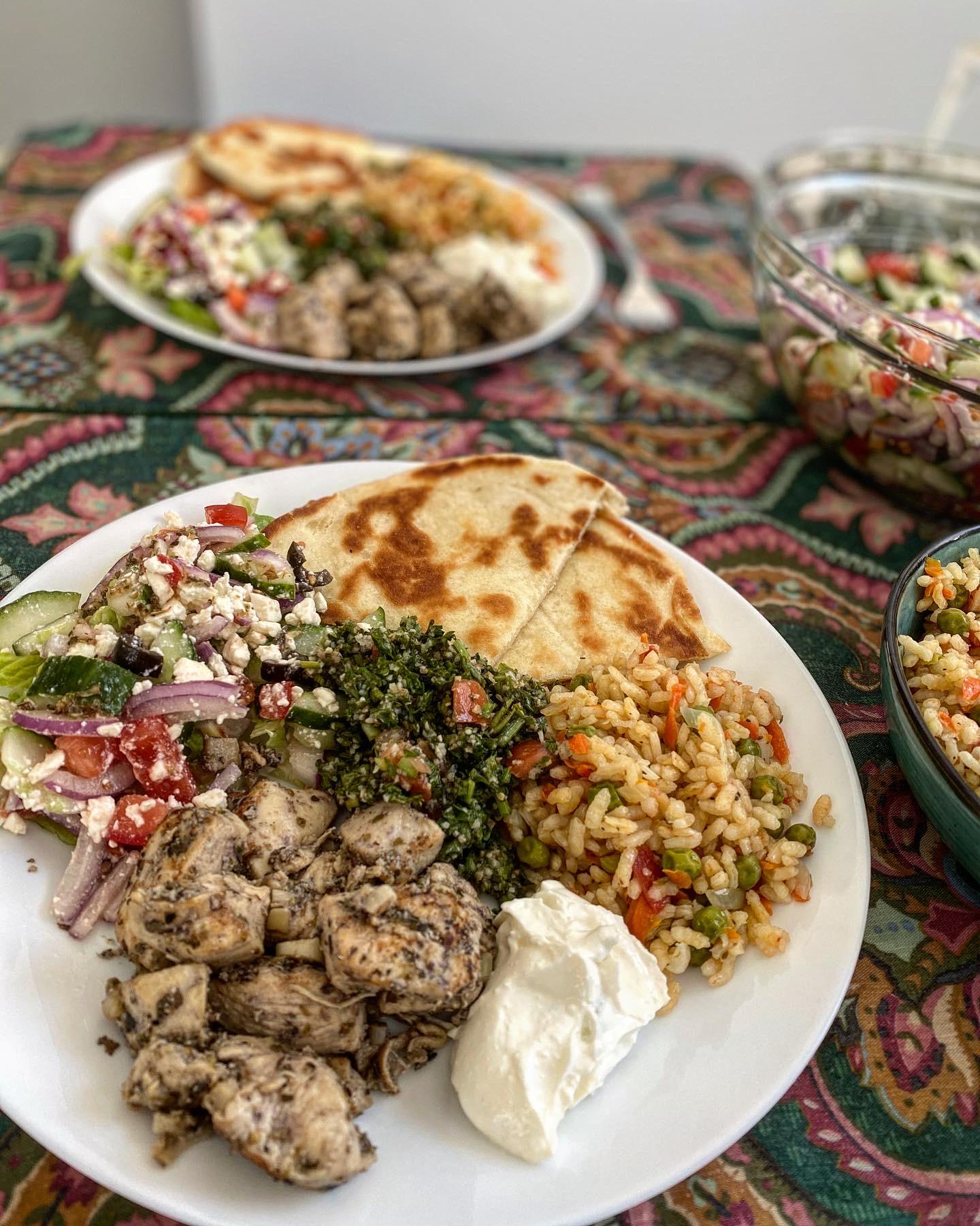[homemade] Greek Platter with Chicken Souvlaki, Rice Pilafi, Greek