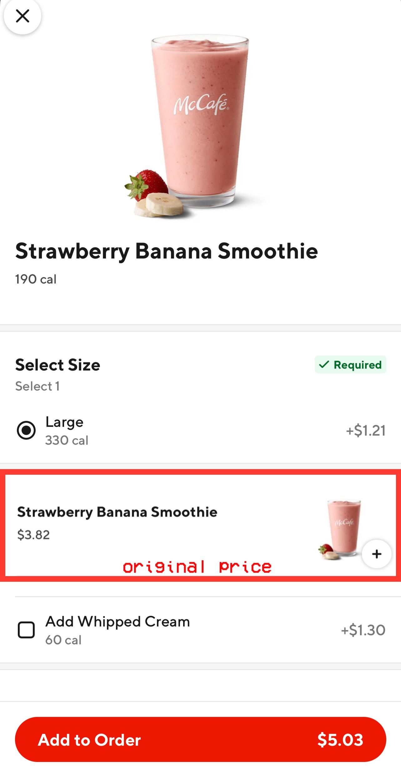 The Mcdonald's strawberrybanana smoothie is listed on DoorDash as
