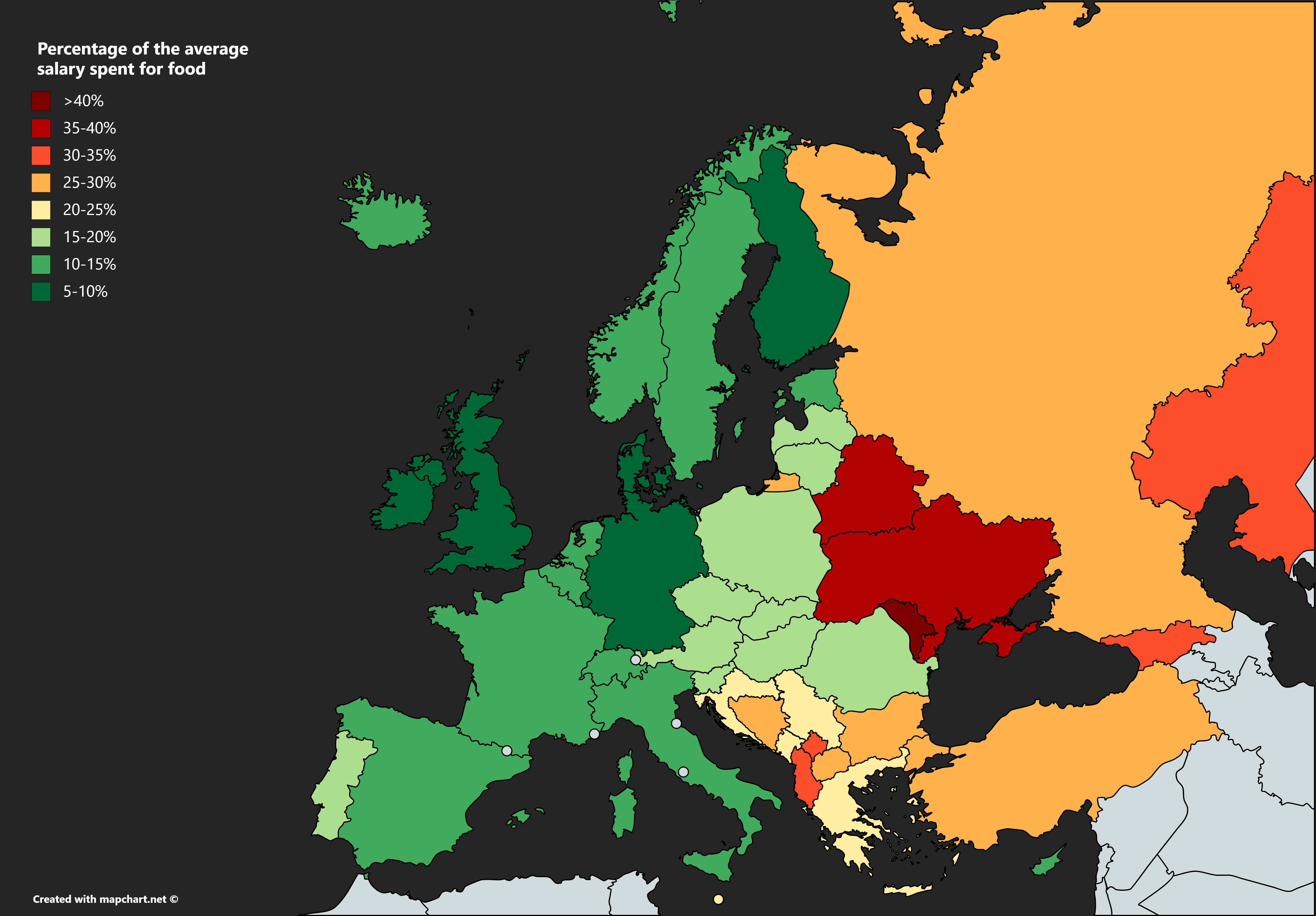 Percentage of the average salary spent for food in Europe r/MapPorn