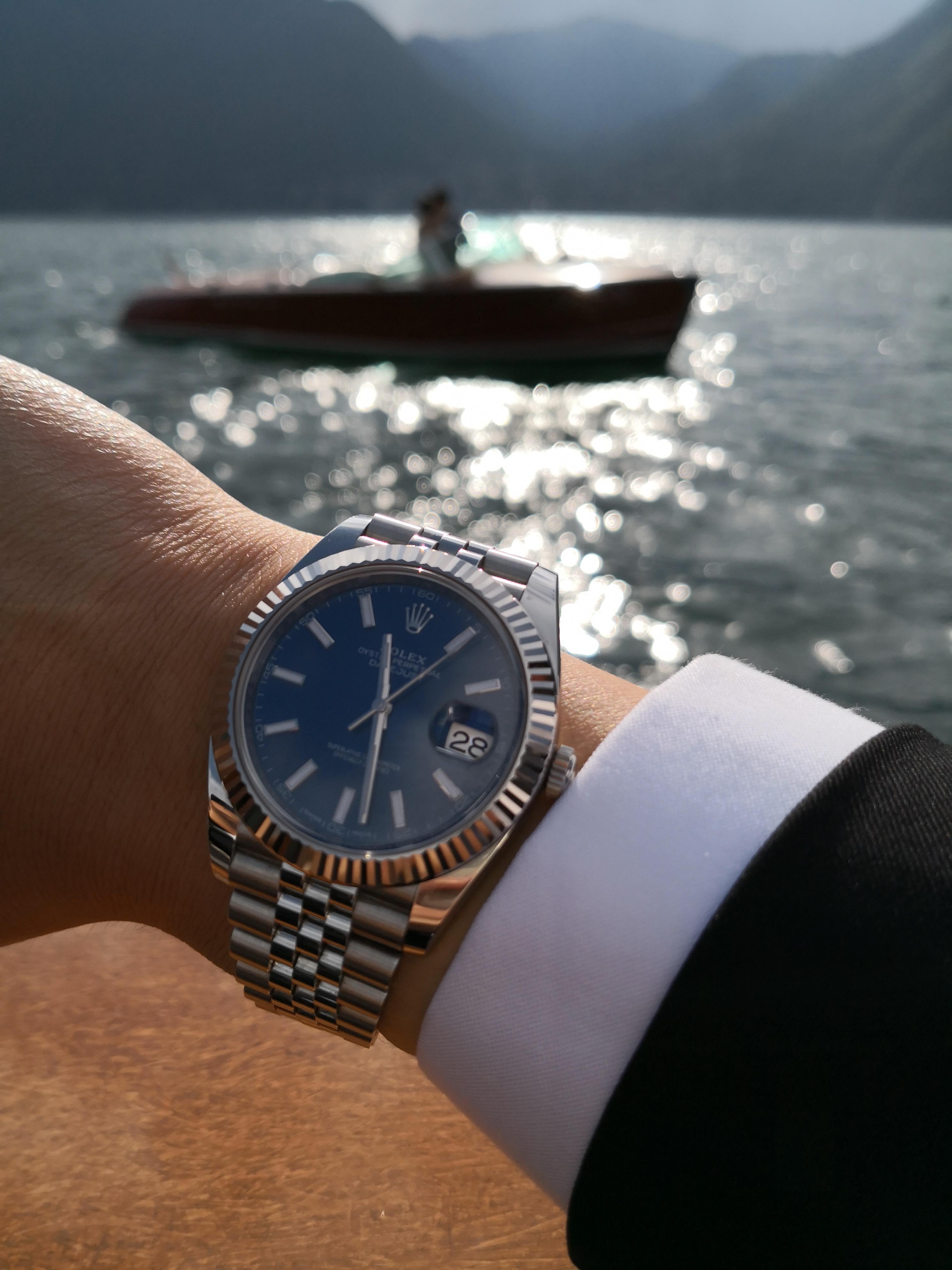 [rolex] datejust 41 blue dial + fluted bezel on lake como r/Watches