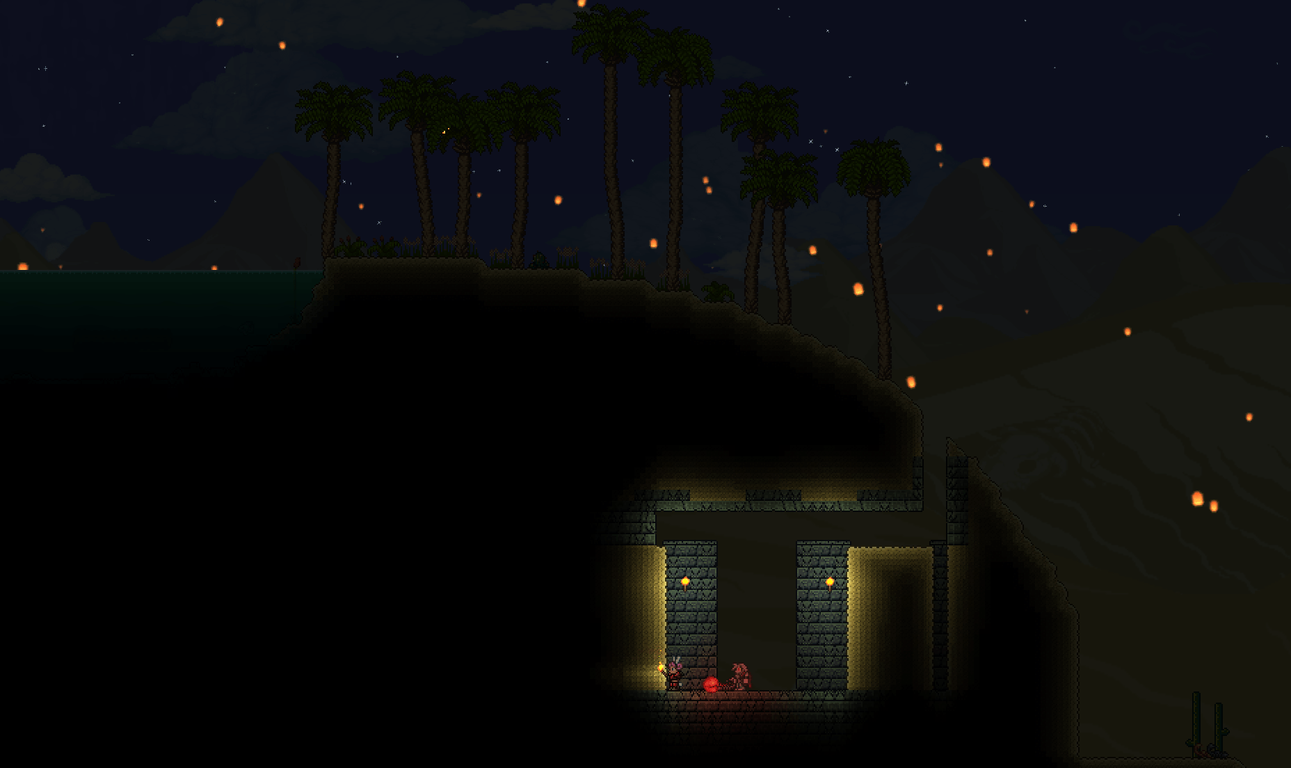 (Terraria) Was wondering why the oasis had green brick under it, then