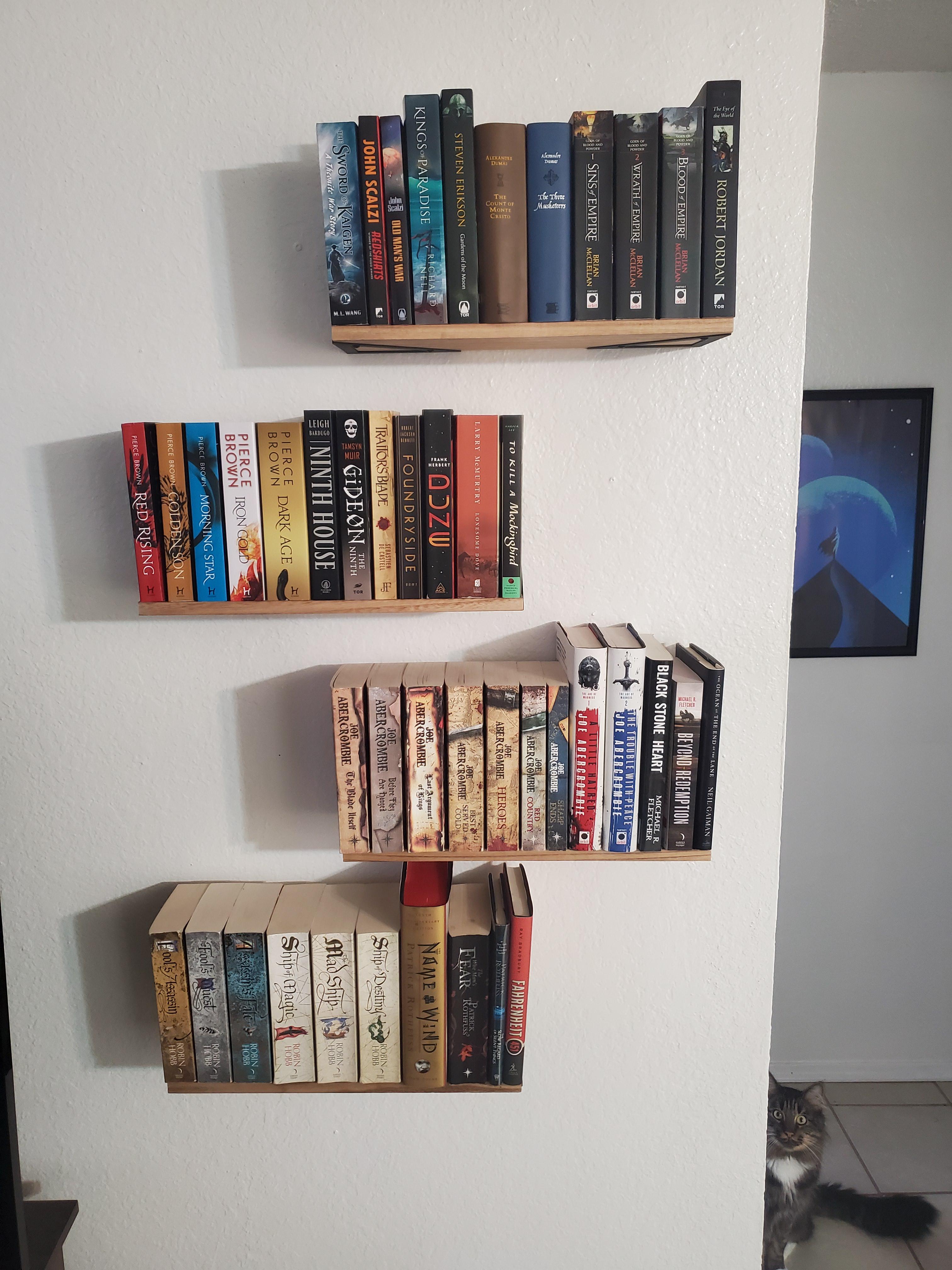 I put up some wall shelves to make room on my main bookshelves. Luna decided to photobomb. r