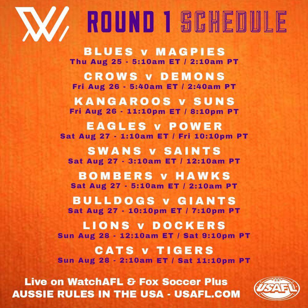 AFLW Round 1 US TV Schedule (they’re all on Fox Soccer Plus and