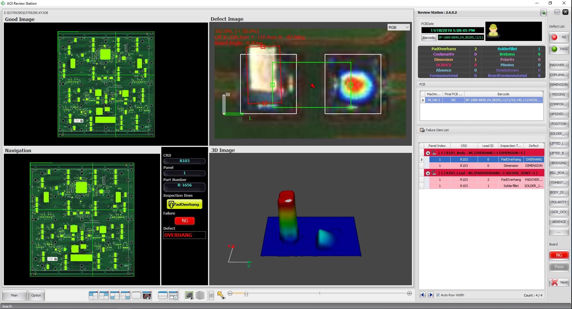 AOI (Automated Optical Inspection) system flagged a tombstoned resistor