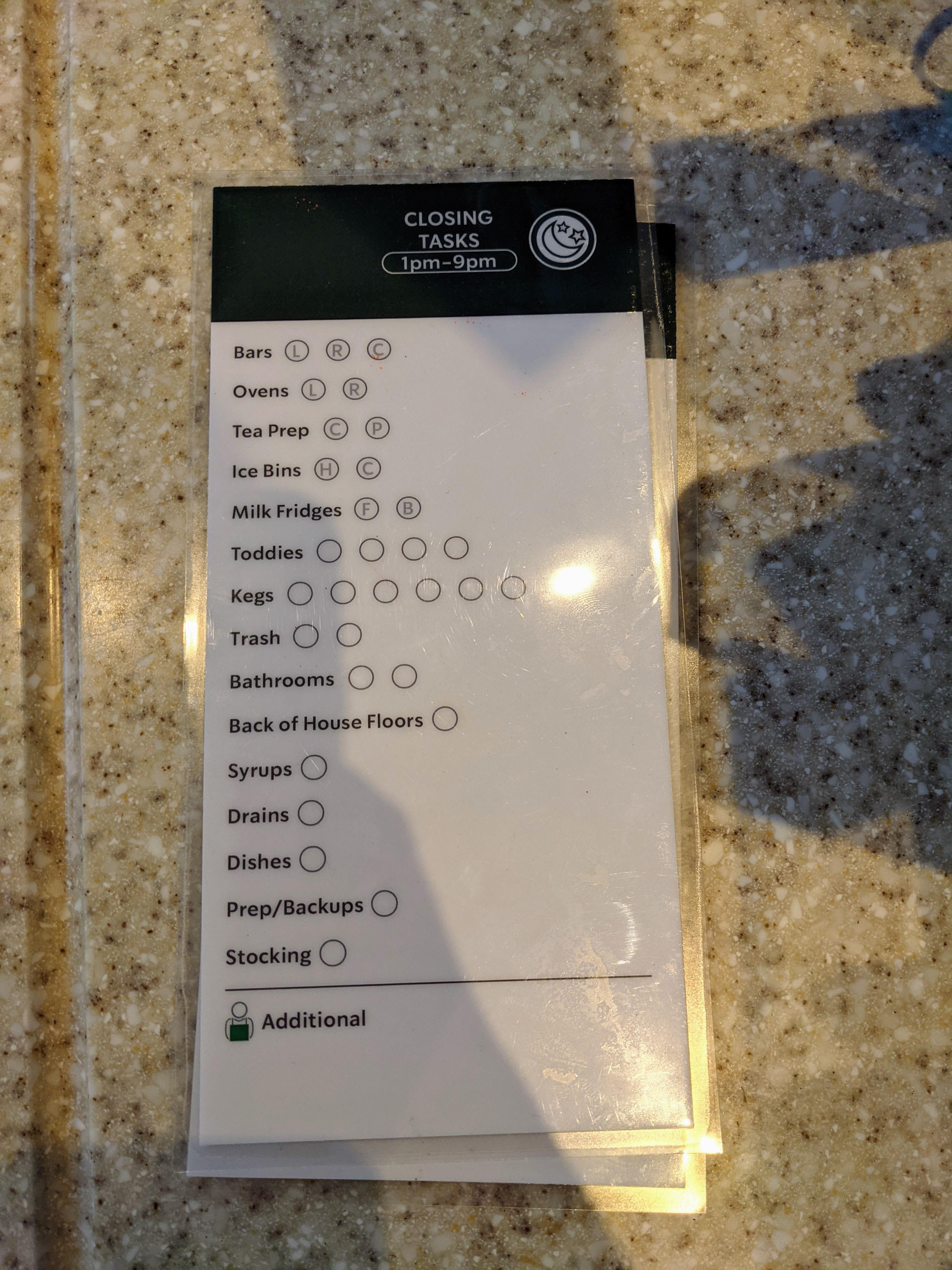 Every night we would make a checklist of our closing tasks, so my co