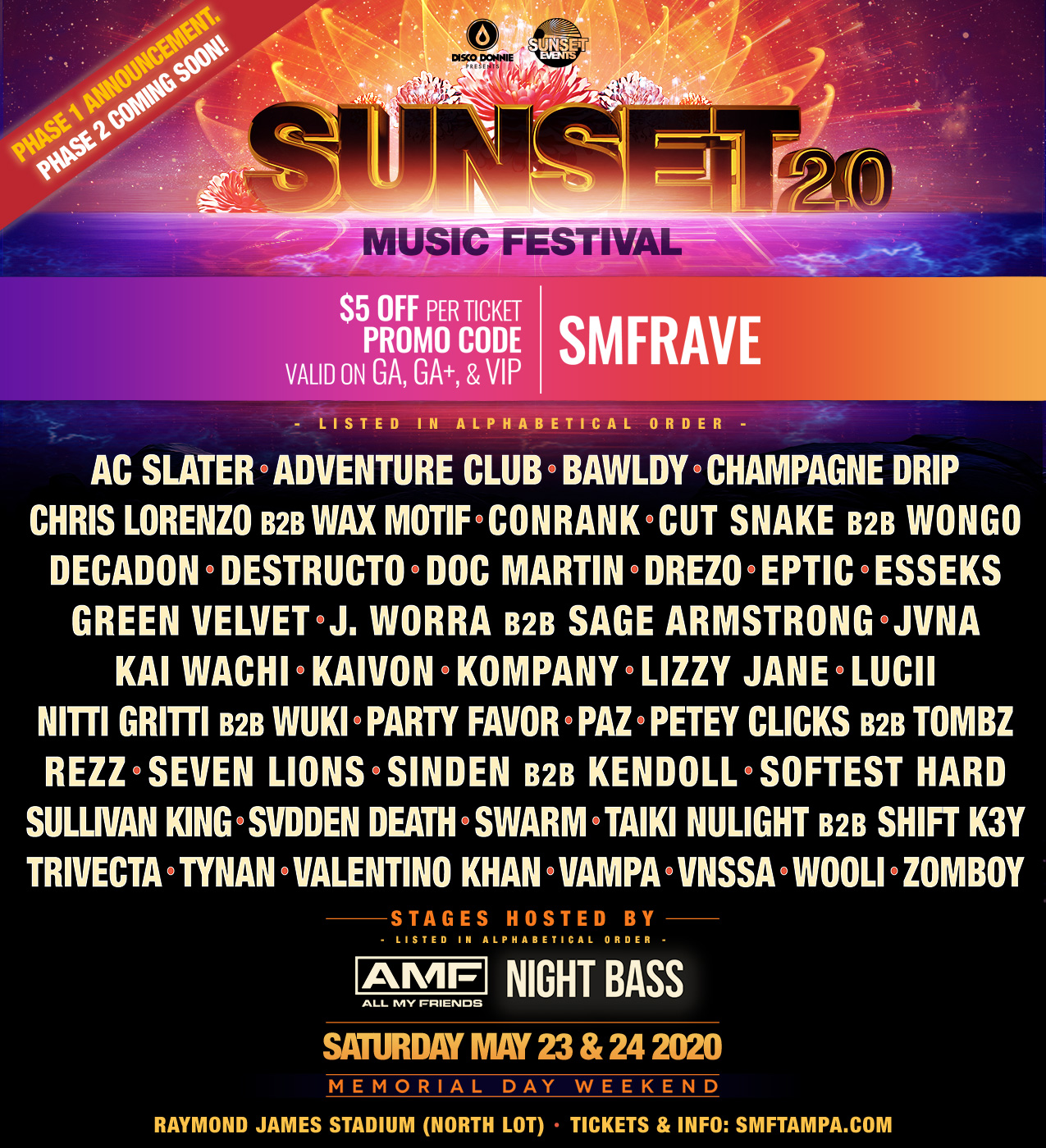 Sunset Music Festival 2020 Phase 1 Lineup 40+ Acts 5 off code