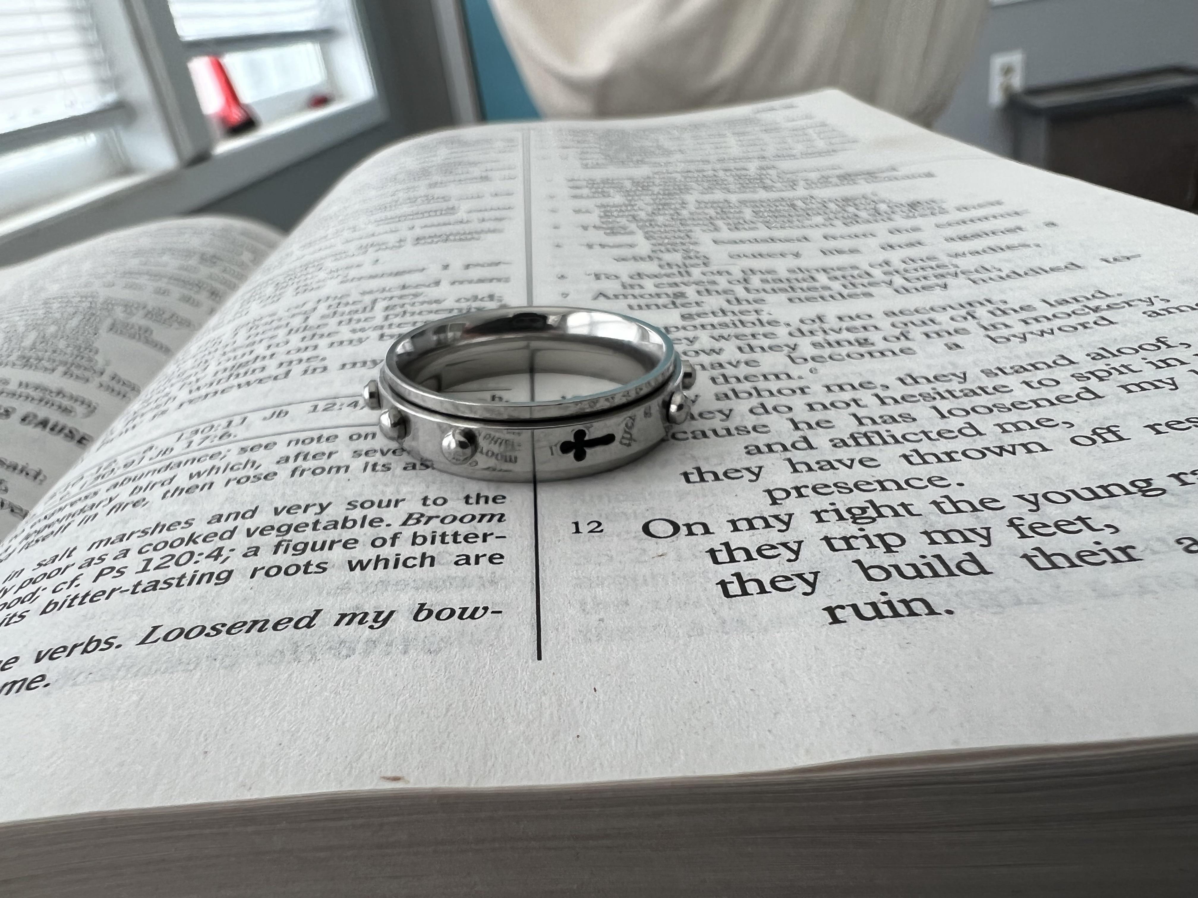 Neat little Amazon purchase. A spinning Rosary Ring with one full Decade. Pray without Ceasing
