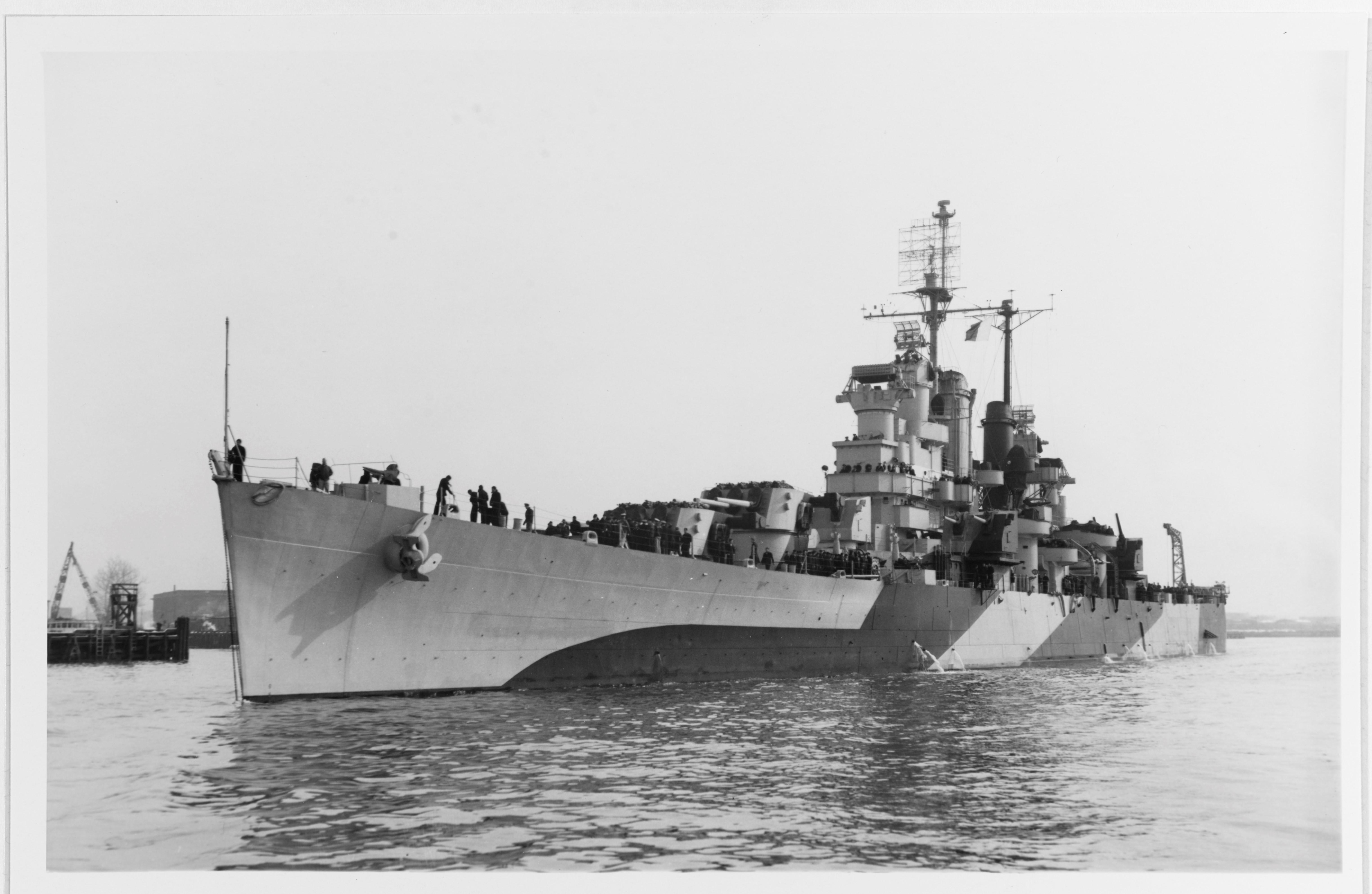 USS Houston (CL81) off the Norfolk Navy Yard, Virginia, 11 January 1944. Photograph from the
