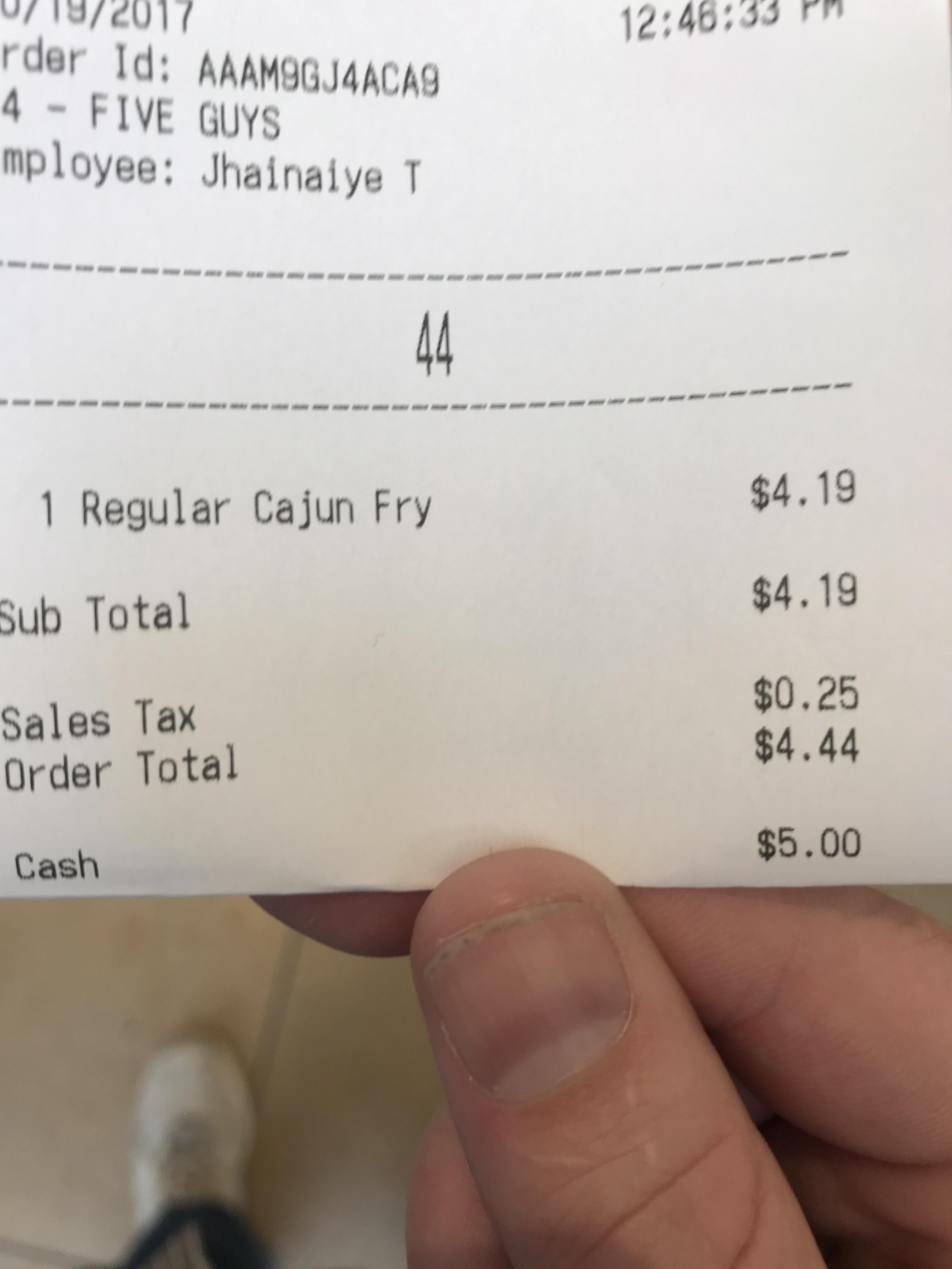 My Five Guys order number was 44 and the total was 4.44 r