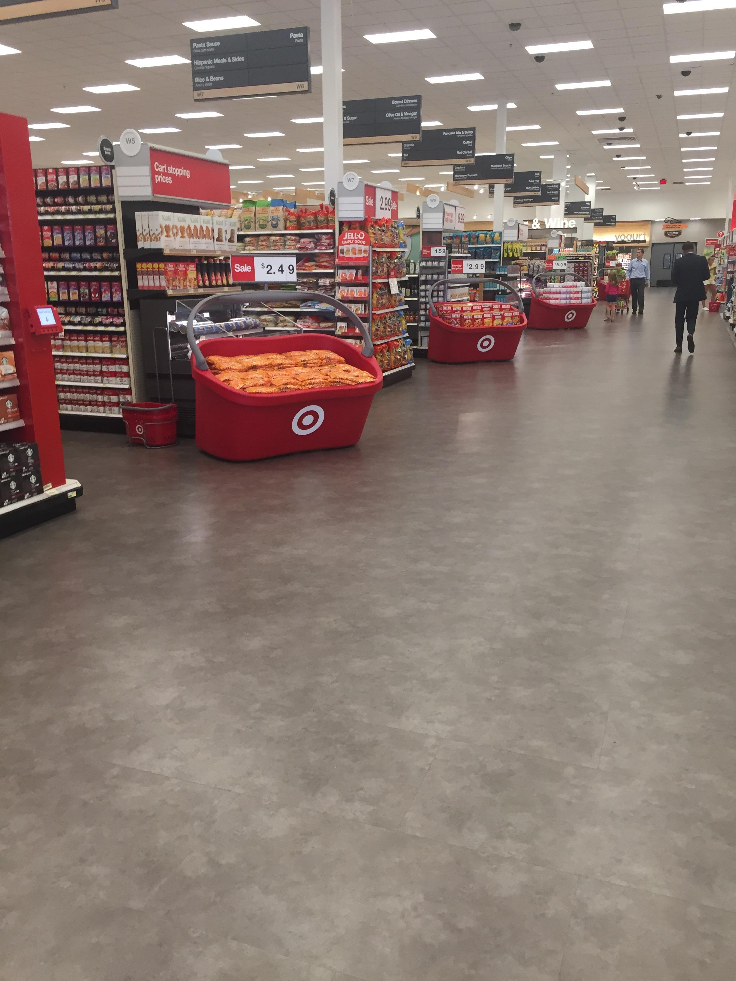 This target has huge baskets at the end of their aisles