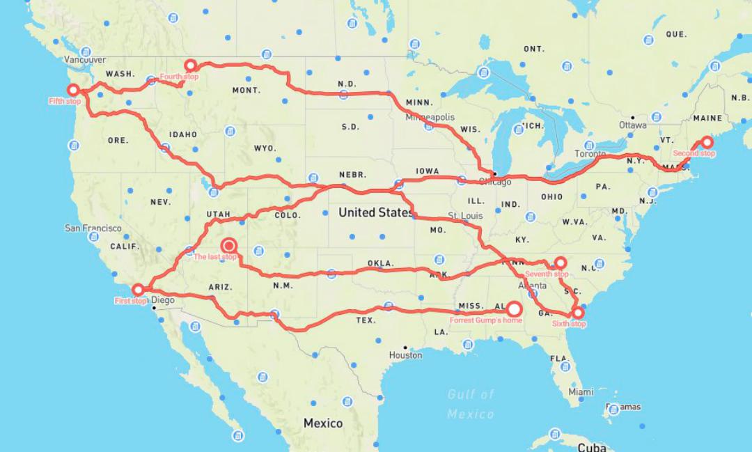 Forest Gump's running route r/coolguides
