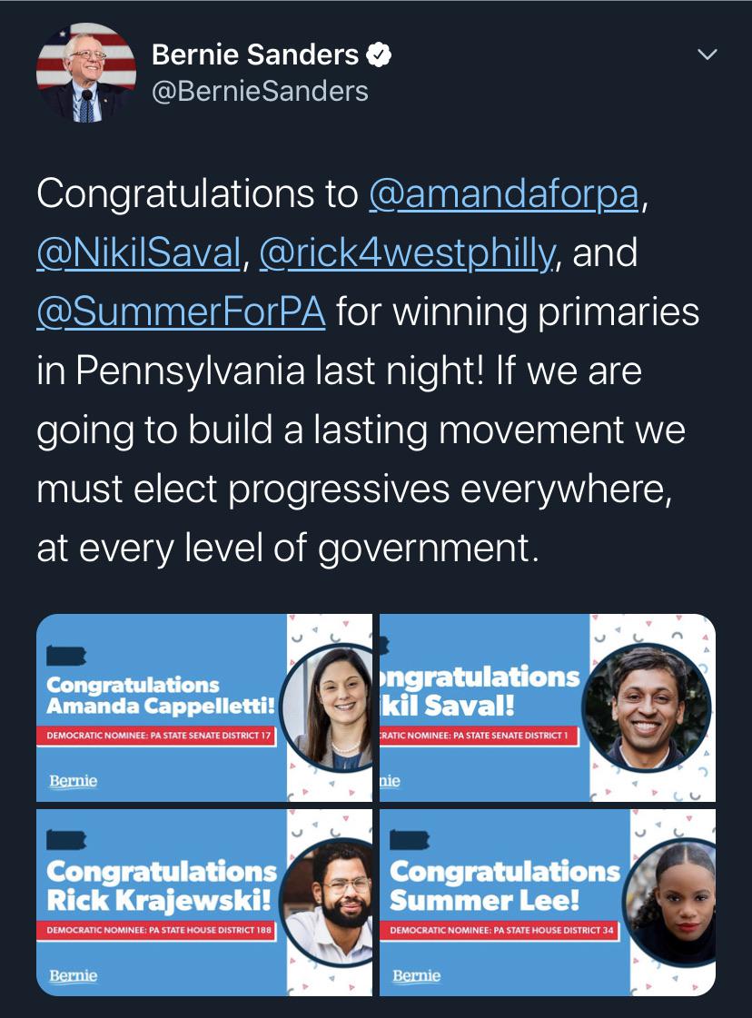 The entire slate of Bernie endorsed candidates won in Pennsylvania