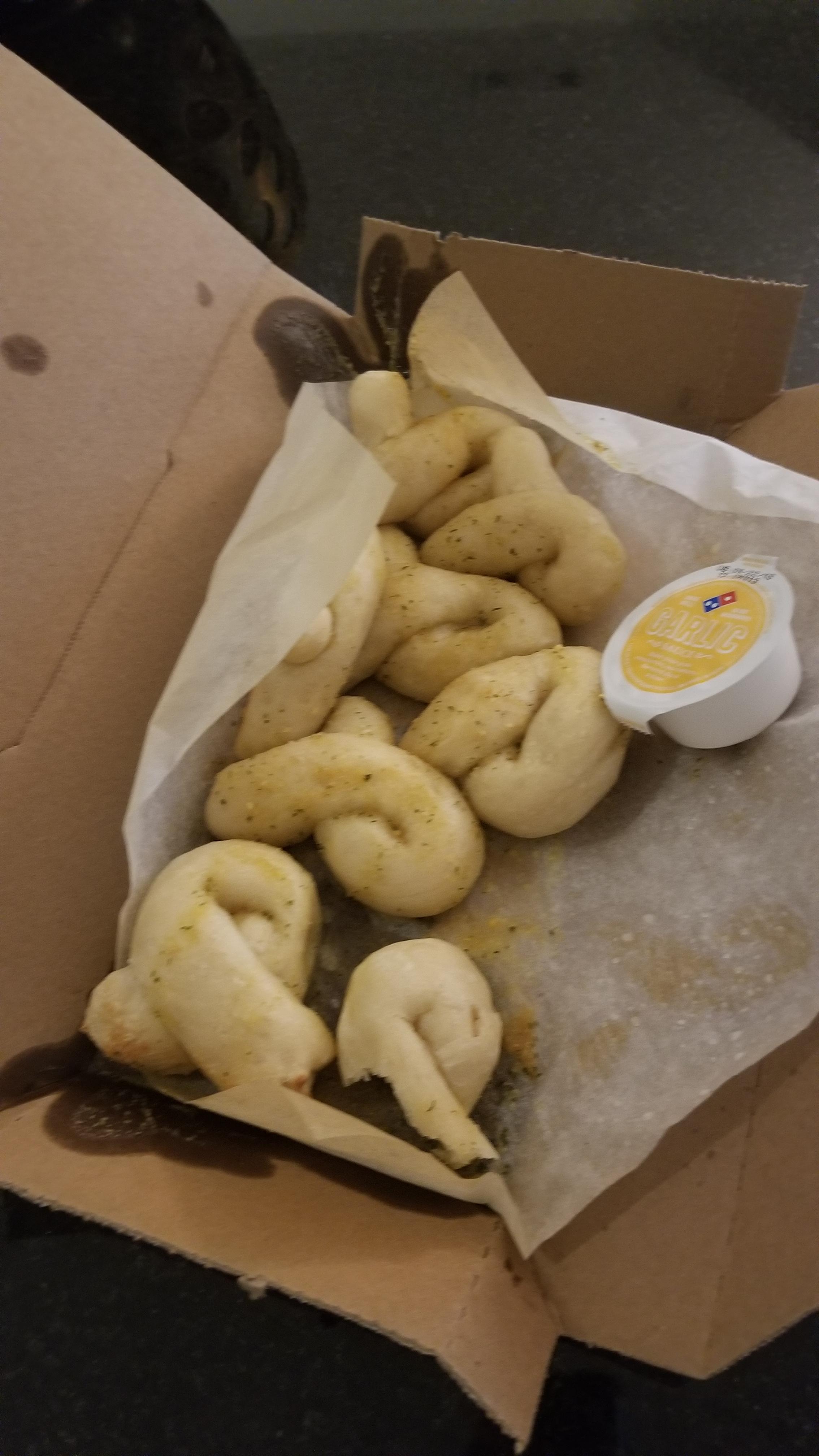 Dominos has taken a nose dive. I got cold uncooked breadsticks. Yum