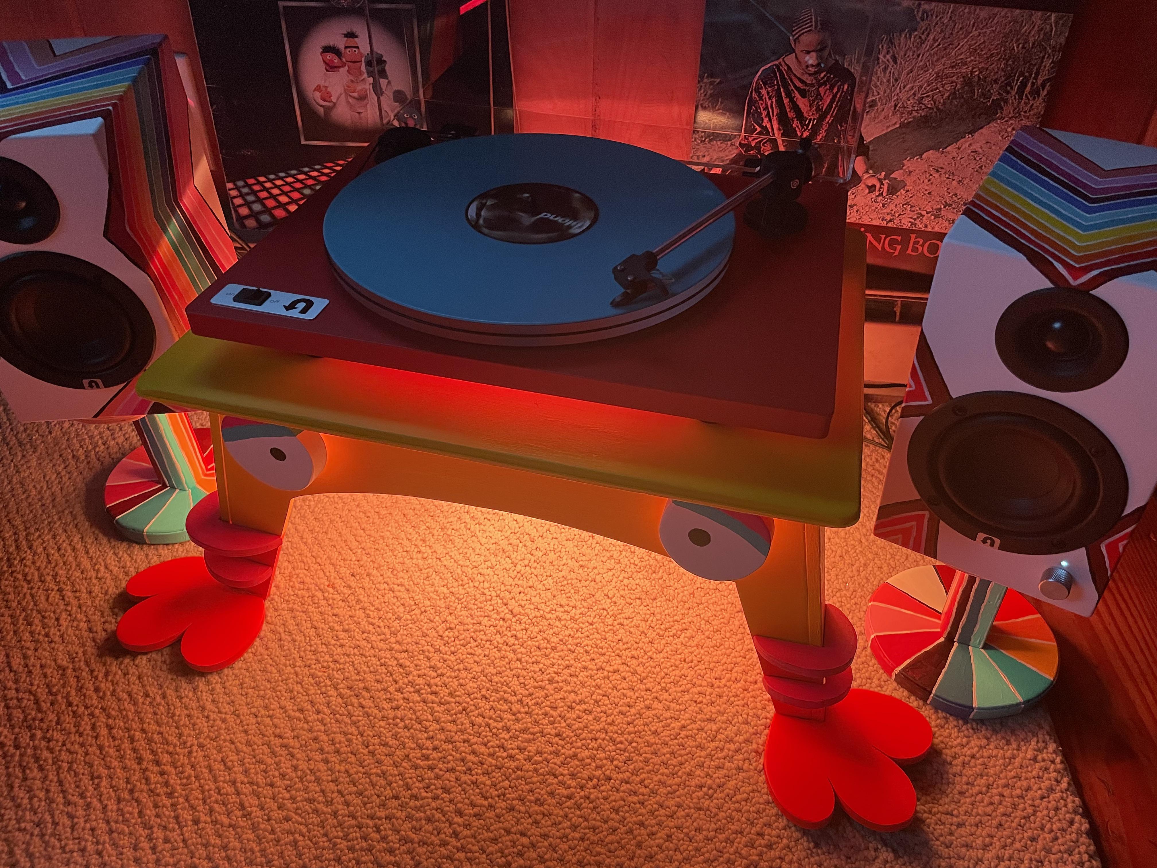 Custom built this table and painted up the speakers in vinyl heaven