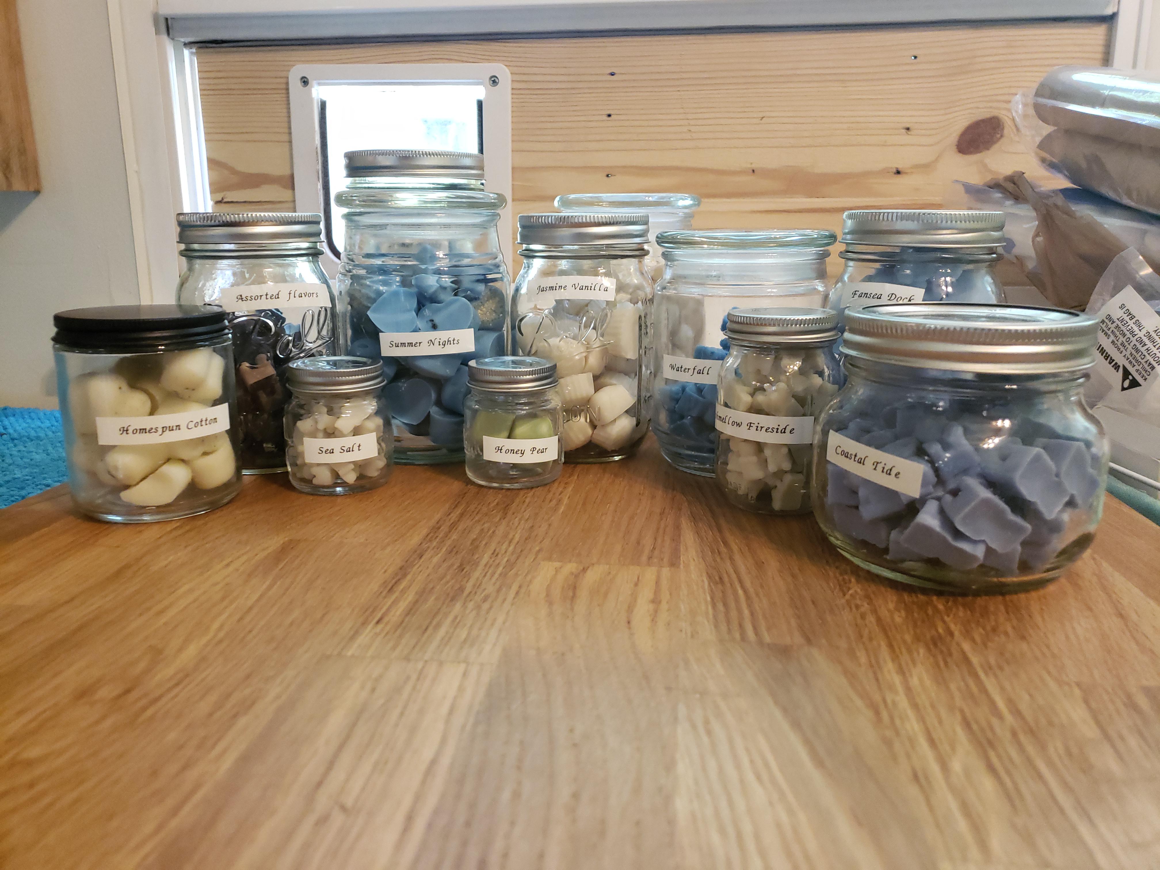 Melted down old candles and made wax melts! All jars are upcycled from