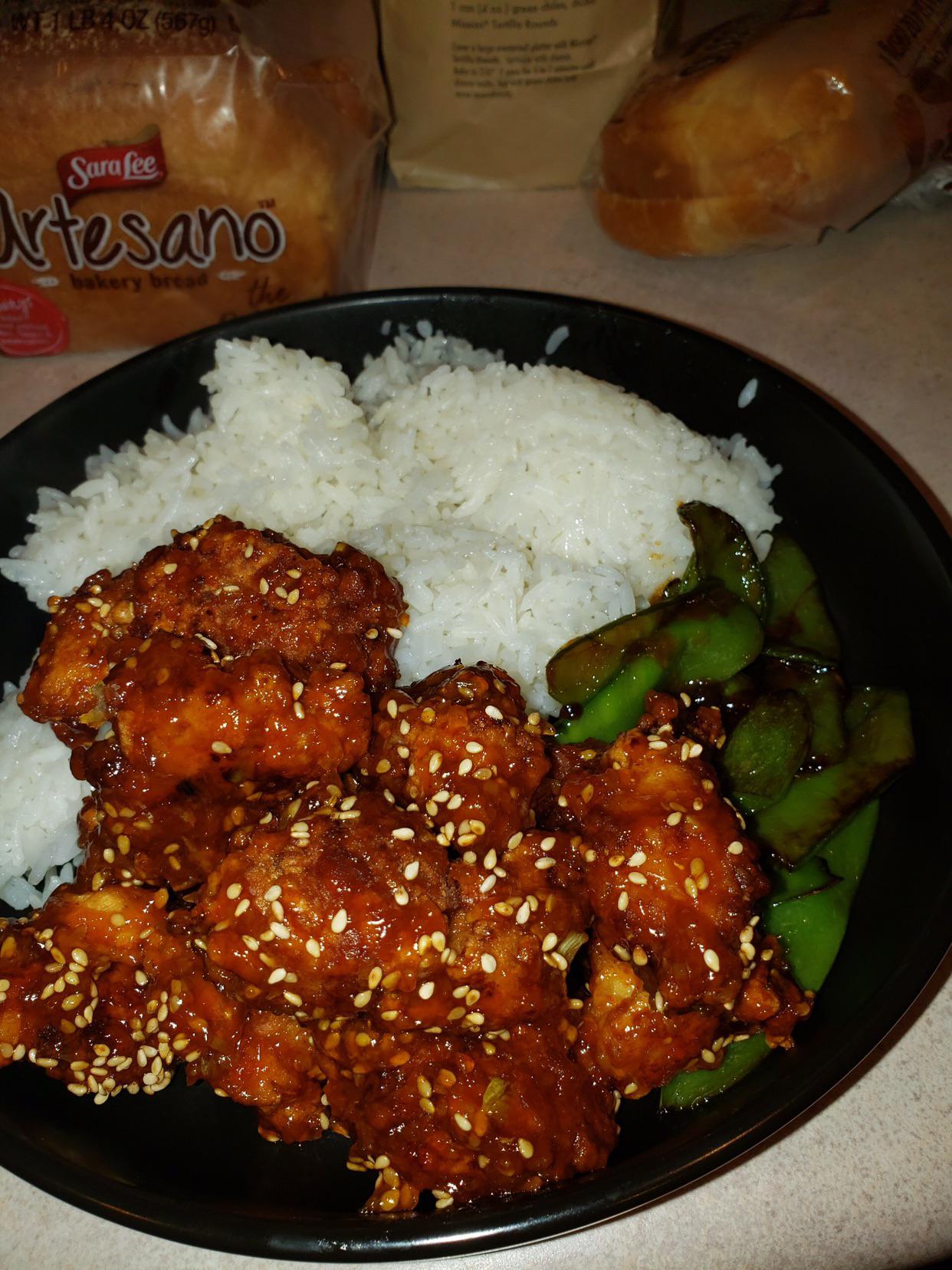 [homemade] sesame chicken and snow peas in oyster sauce r/food