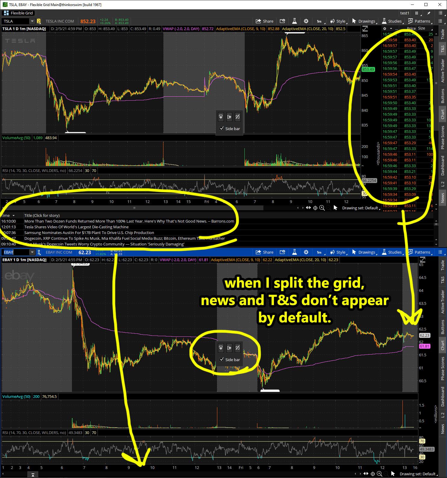 How do you set default layout to show News and time & sales? Whenever I