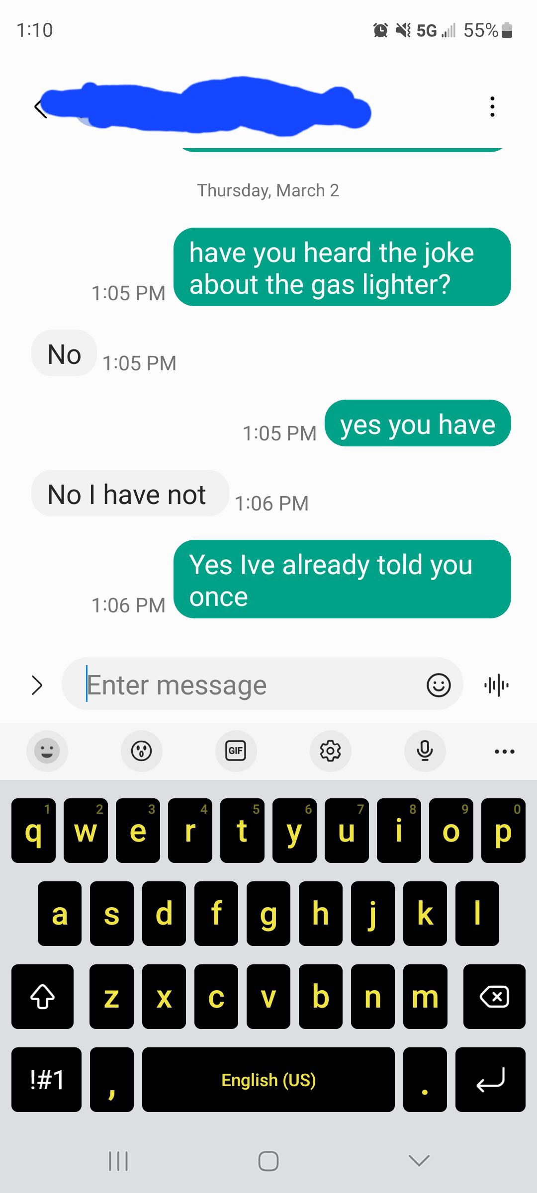 Gas lighter joke r/texts