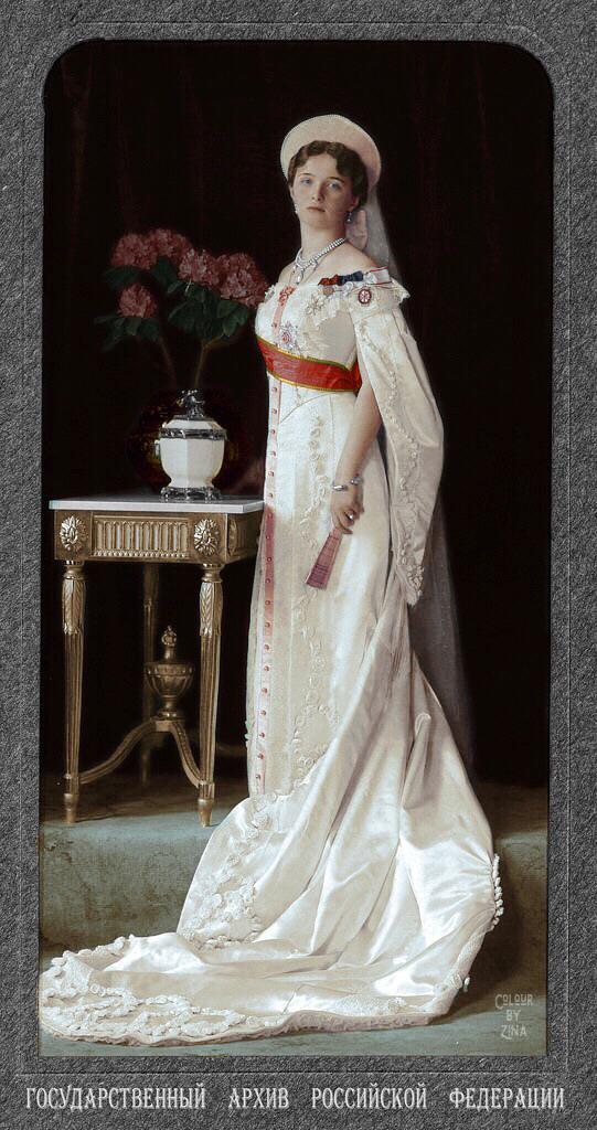 Grand Duchess Olga Nikolaevna of Russia wearing full court dress for
