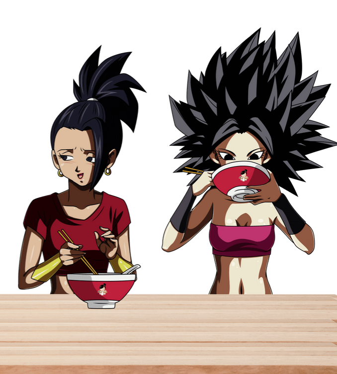 Kale and Caulifla eating noodles together! Art by yrsuth on deviantart