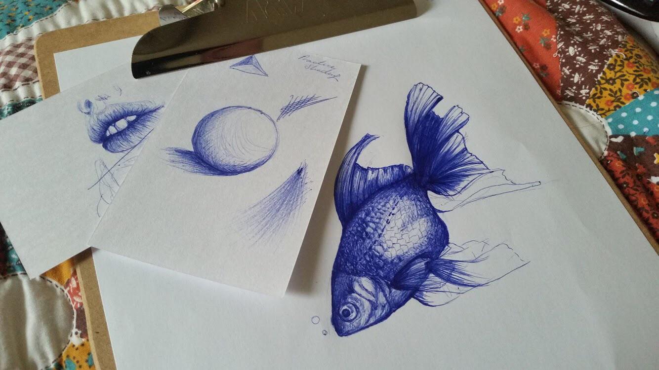 Real Bic Fish. Printer Paper and Blue Bic Pen. Made by me. Share tips