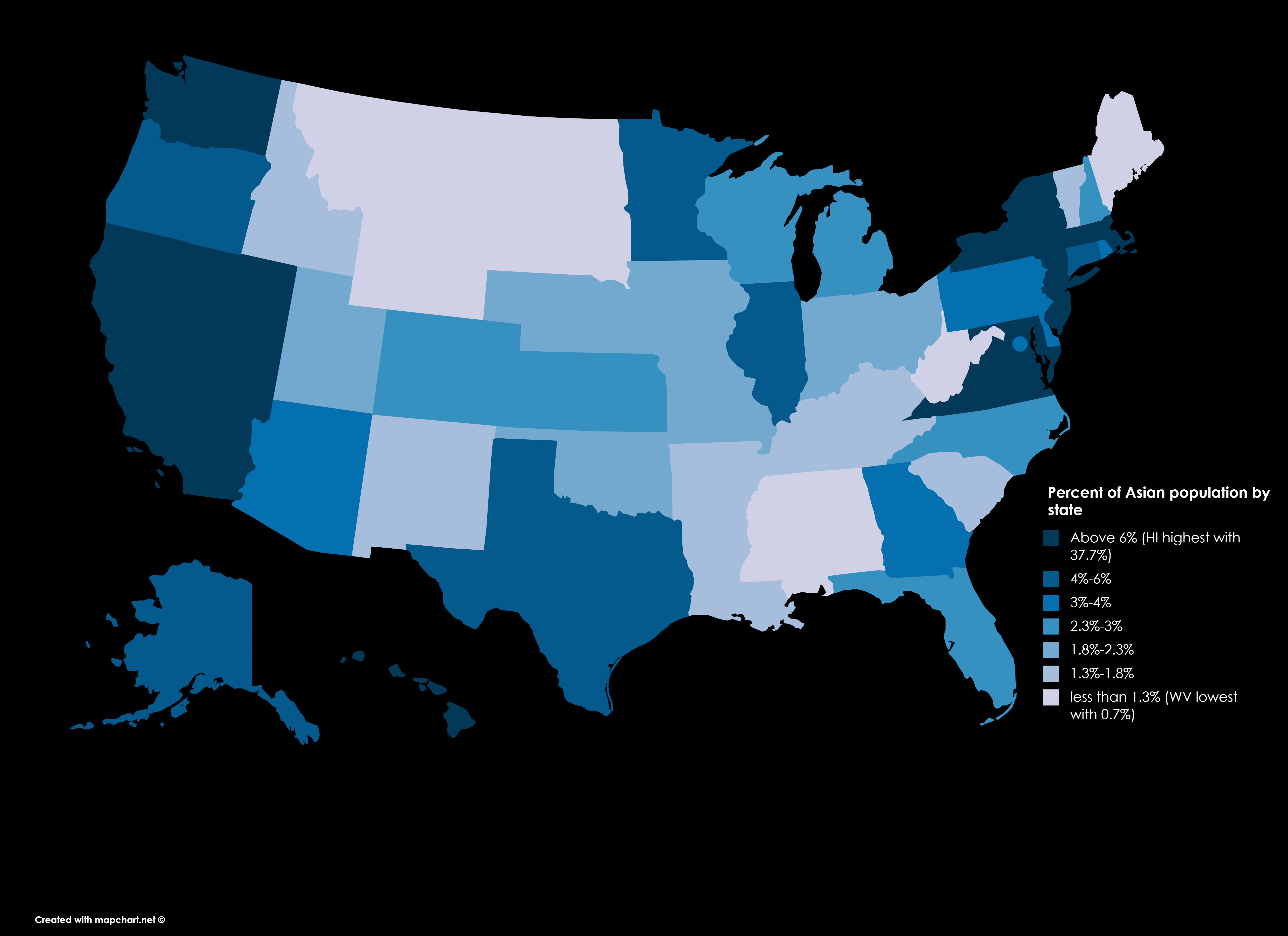 Percent of Asian population by state (Source US census bureau) r/MapPorn