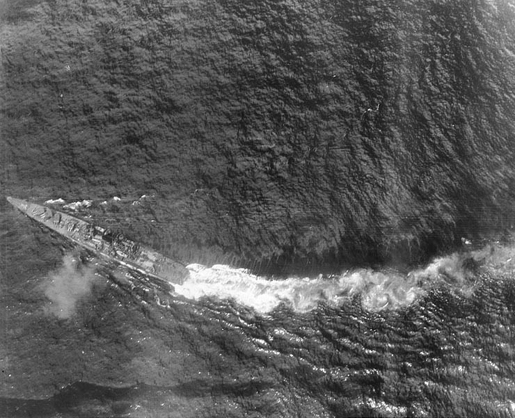 Japanese cruiser Chikuma photographed from the air shortly before sinking during the Battle of