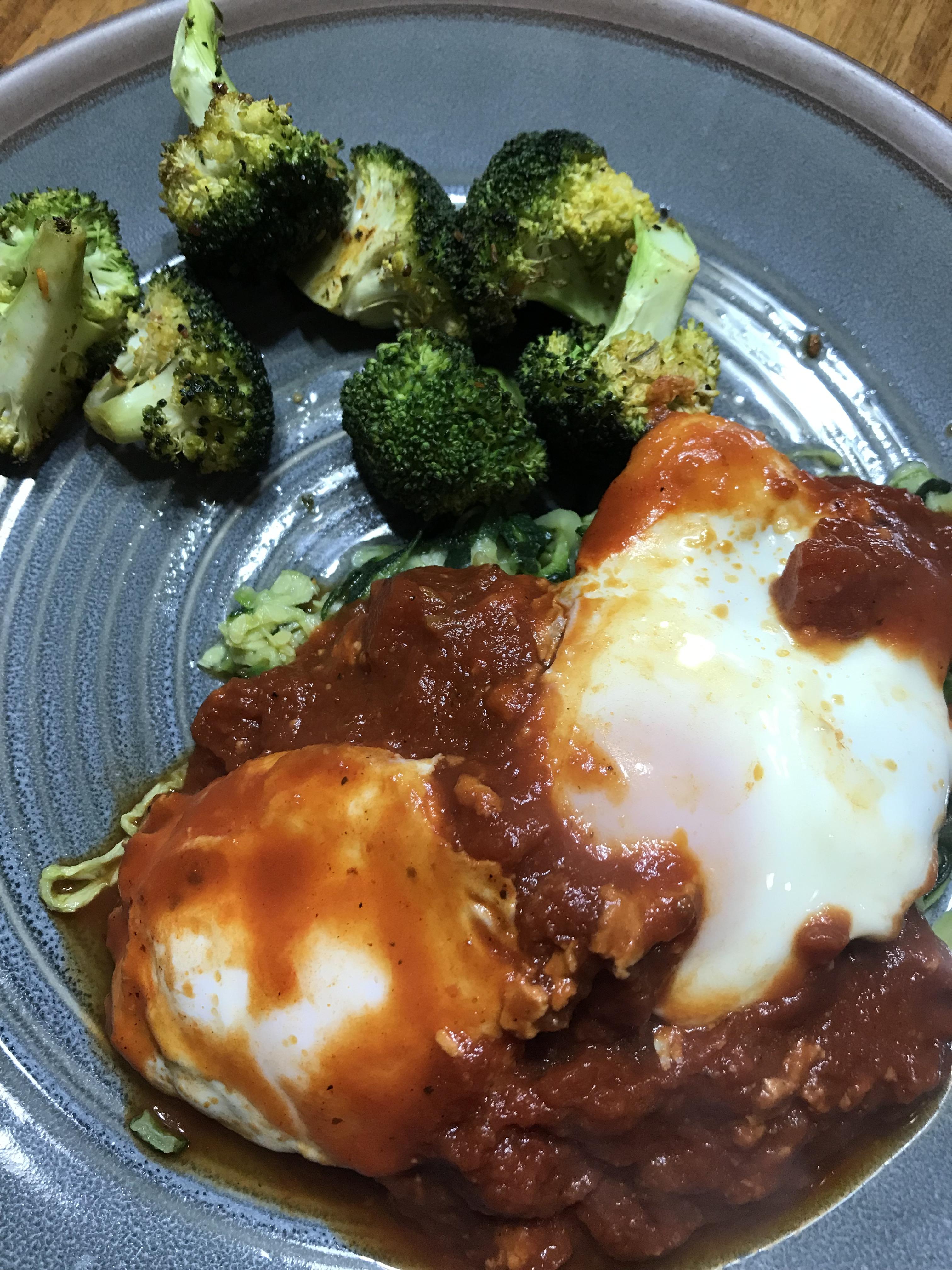 Shashuka over zucchini noodles and roasted broccoli 325