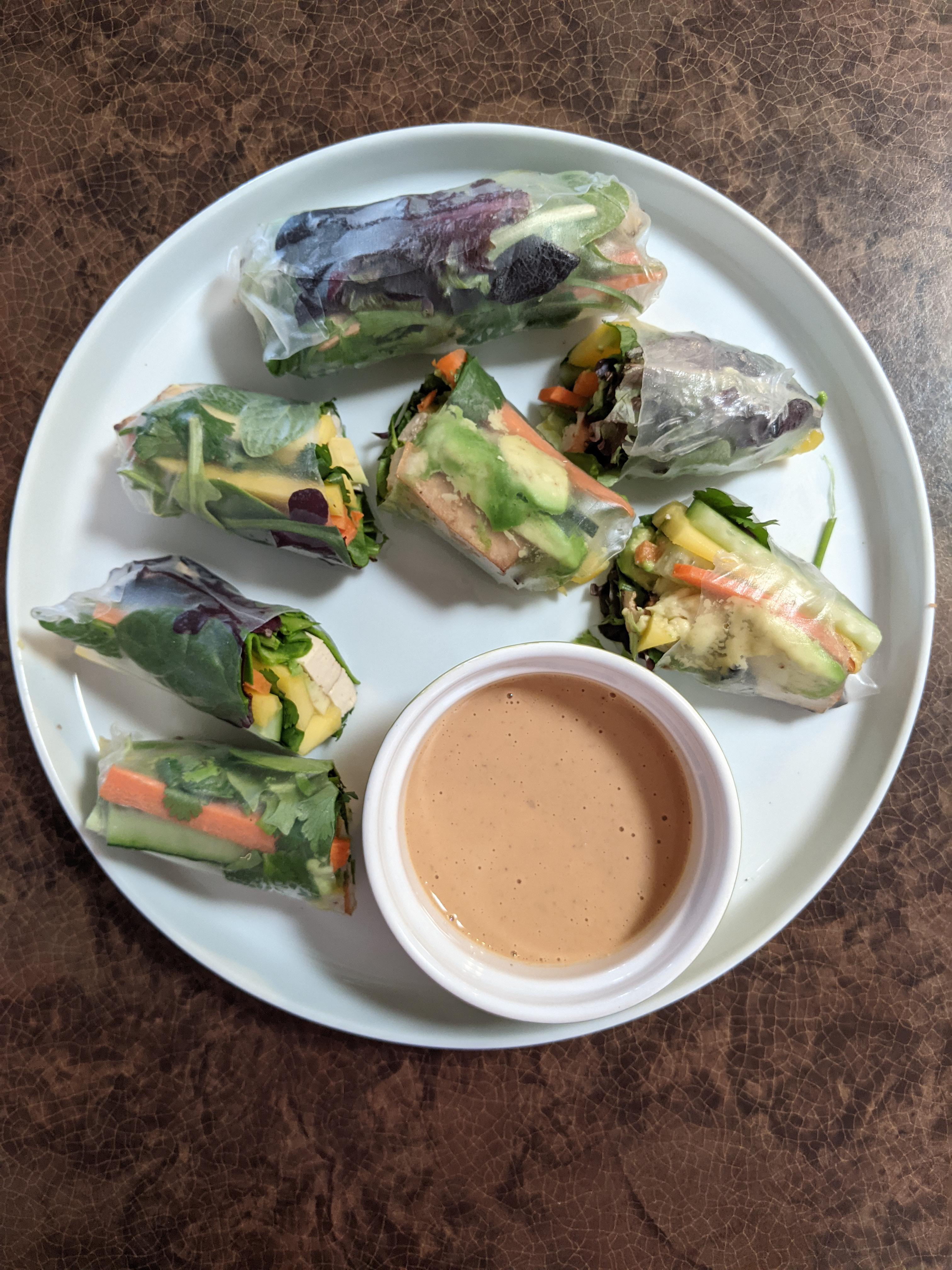 Pretty much eating this everyday. Fresh spring rolls with tofu, mango