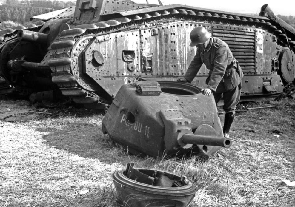 a French Char B1 heavy tank destroyed by a 88mm Shell Killing all its