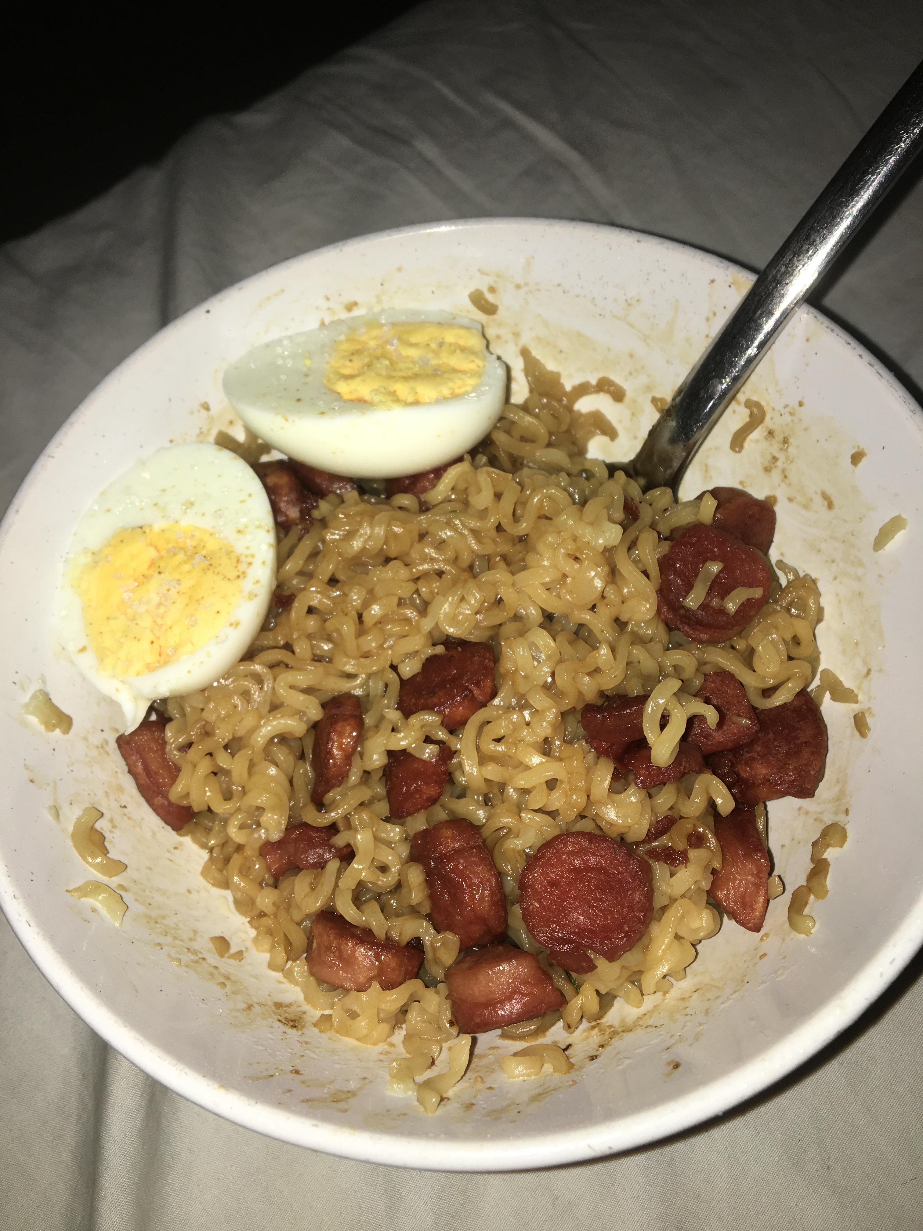 Beef ramen,fried viena sausages and boiled egg at 3 am 🍜 😭 r
