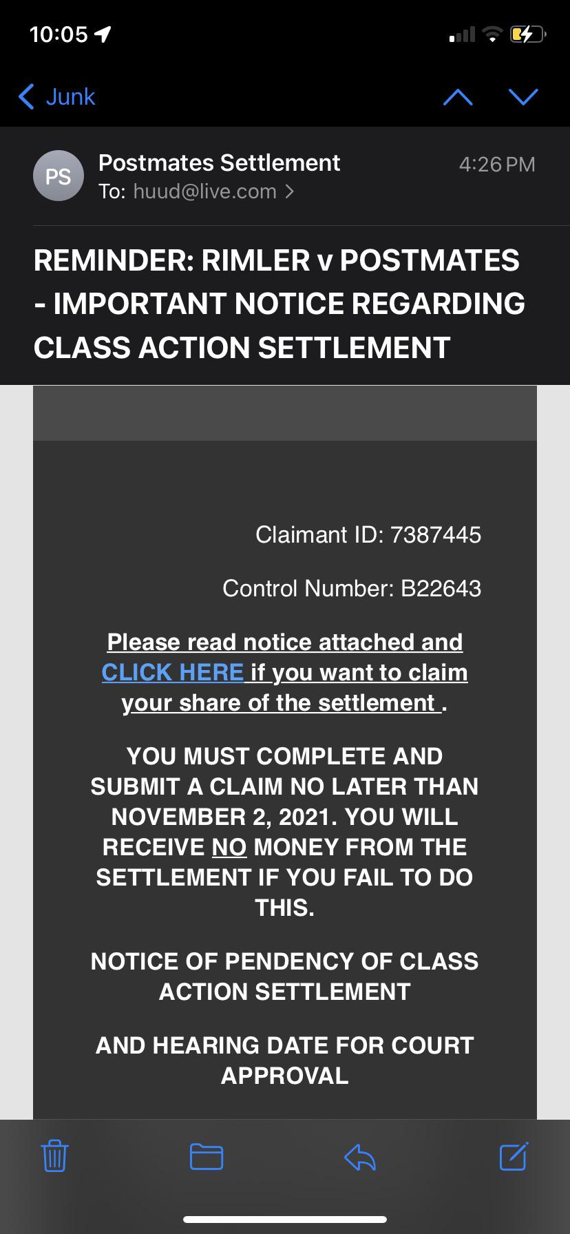 Rimler vs Postmates. Did anyone get this email? Is it legit? If so how