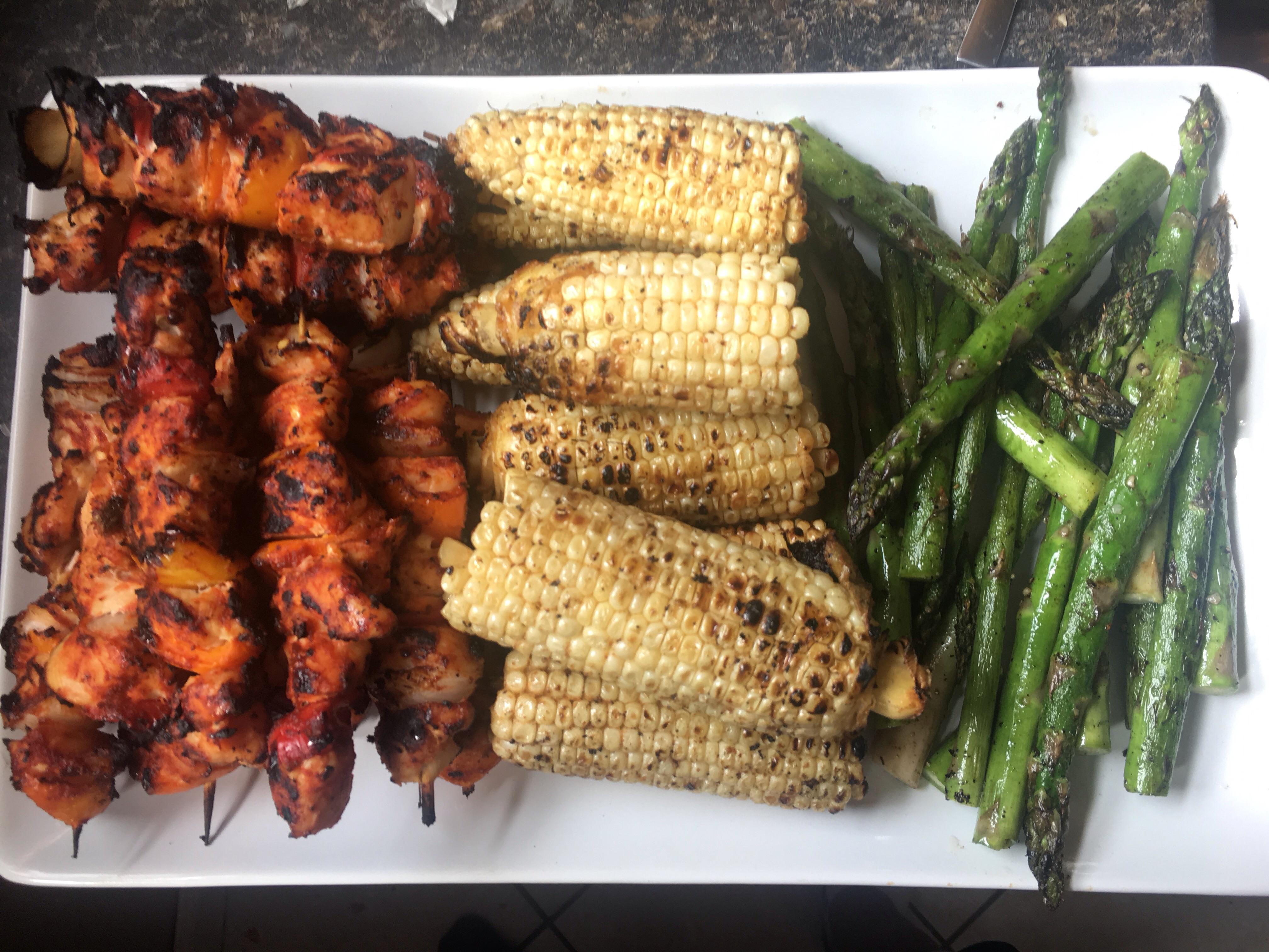 [Homemade] grilled chicken kabobs corn and asparagus r/food