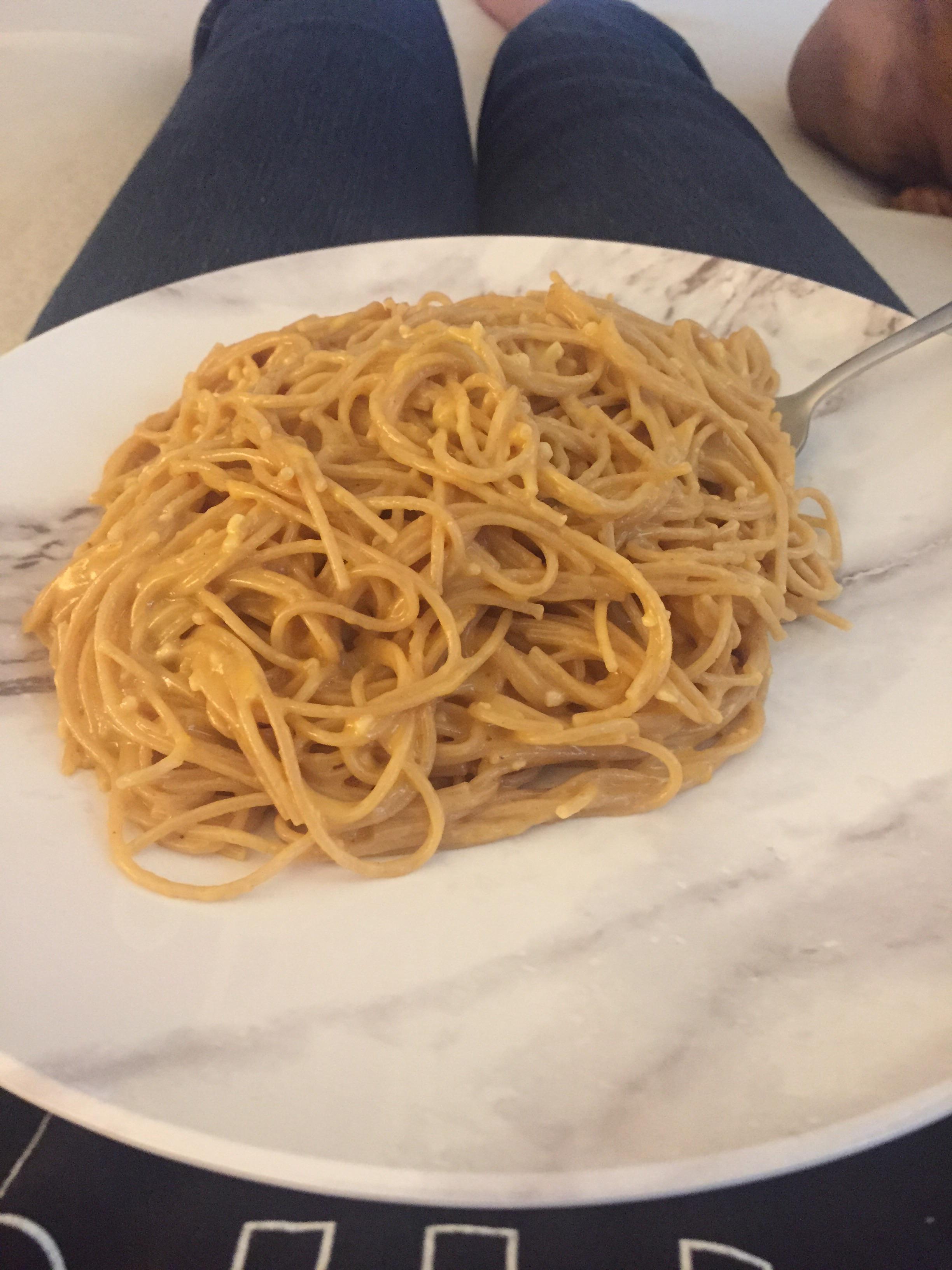 End of the month pasta, feat. undercooked whole wheat noodles and an