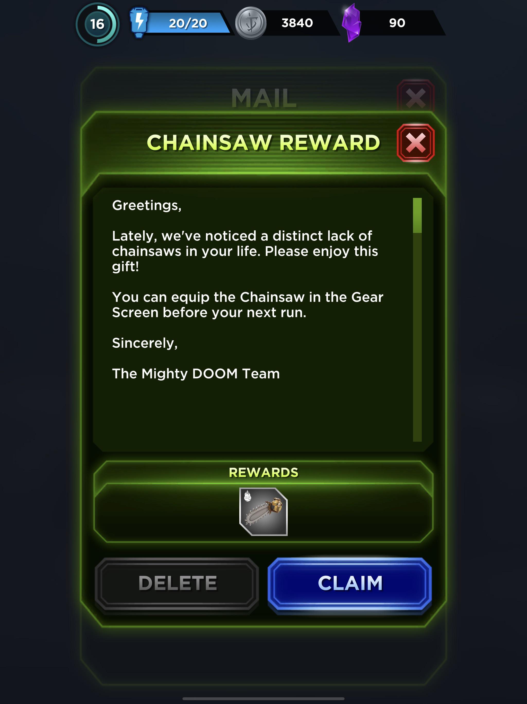 Chainsaw Gift as discussed in another thread yesterday. r/MightyDoom