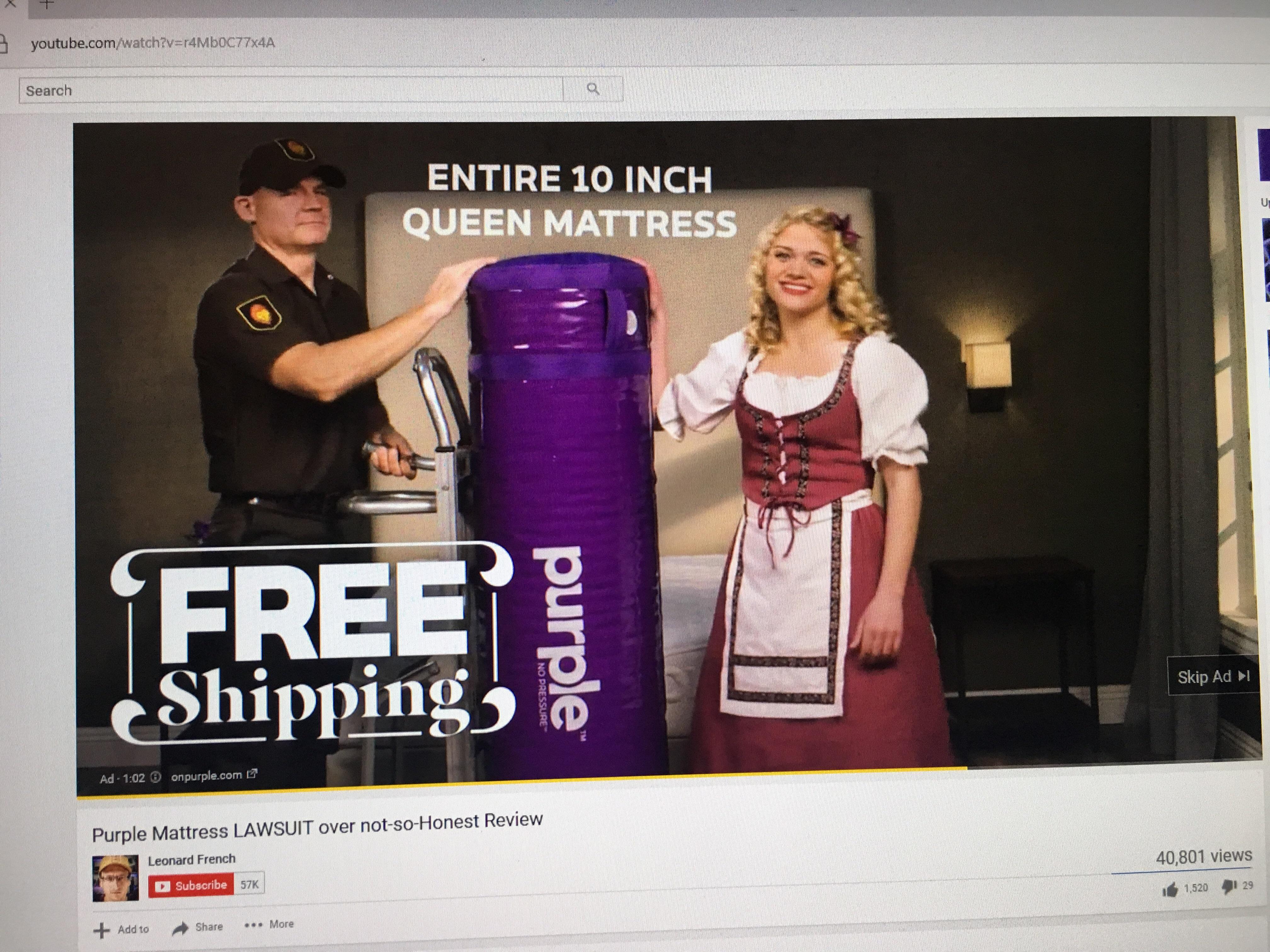 Purple Mattress advertising on the video about the lawsuit involving