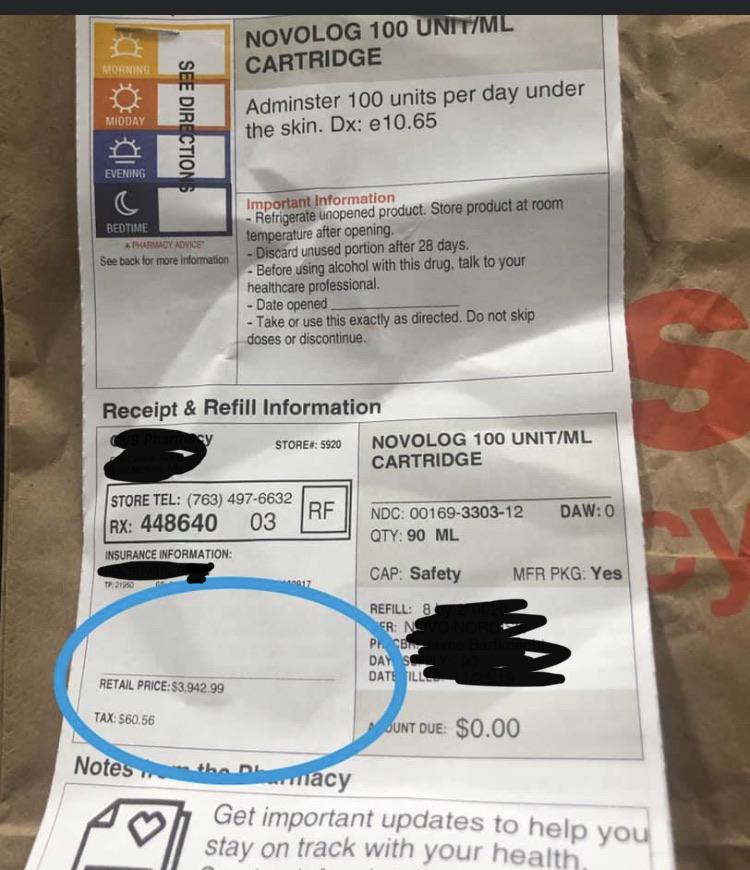 My cousin posted her receipt for her daughters 90 day supply of insulin