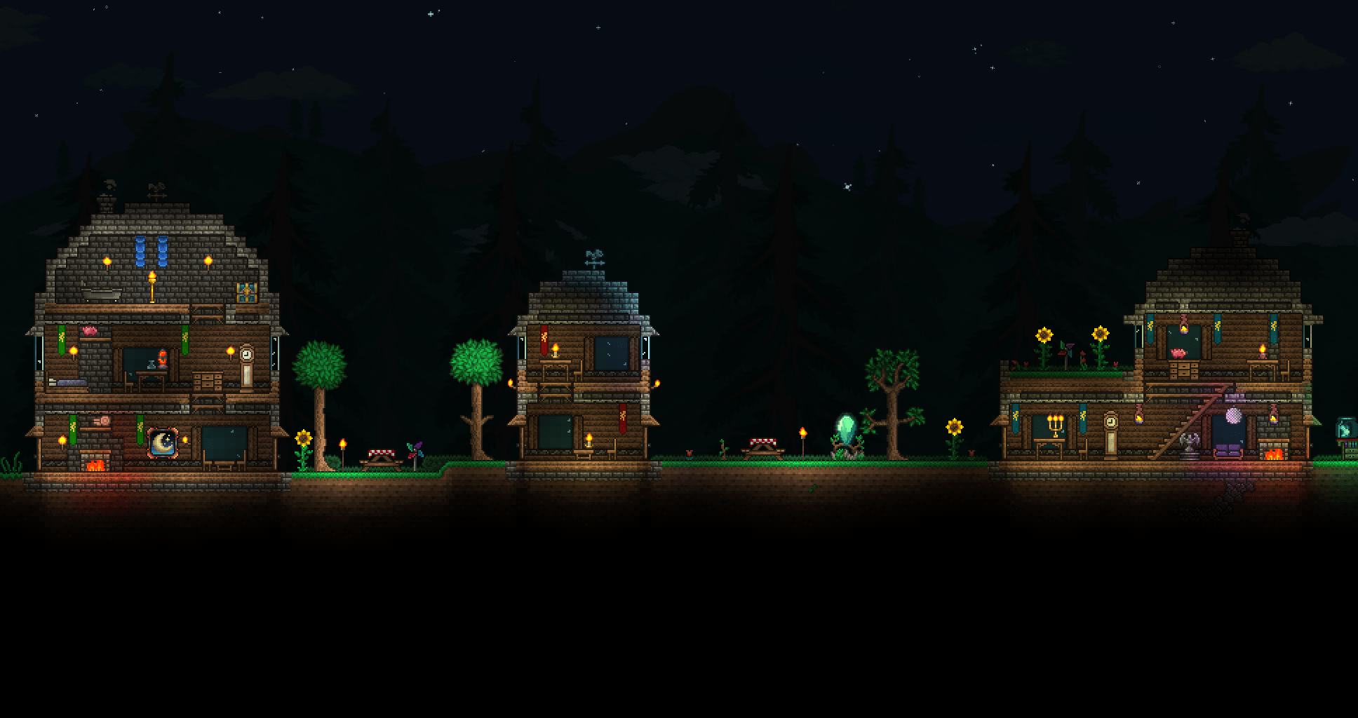 A quiet night time village Terraria