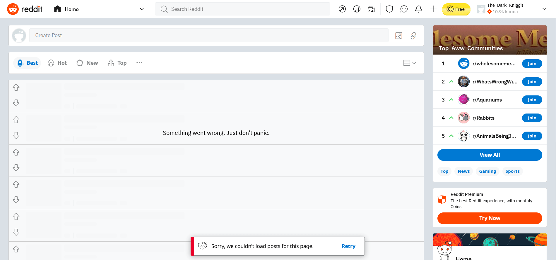Home page wont load when logged in. r/bugs