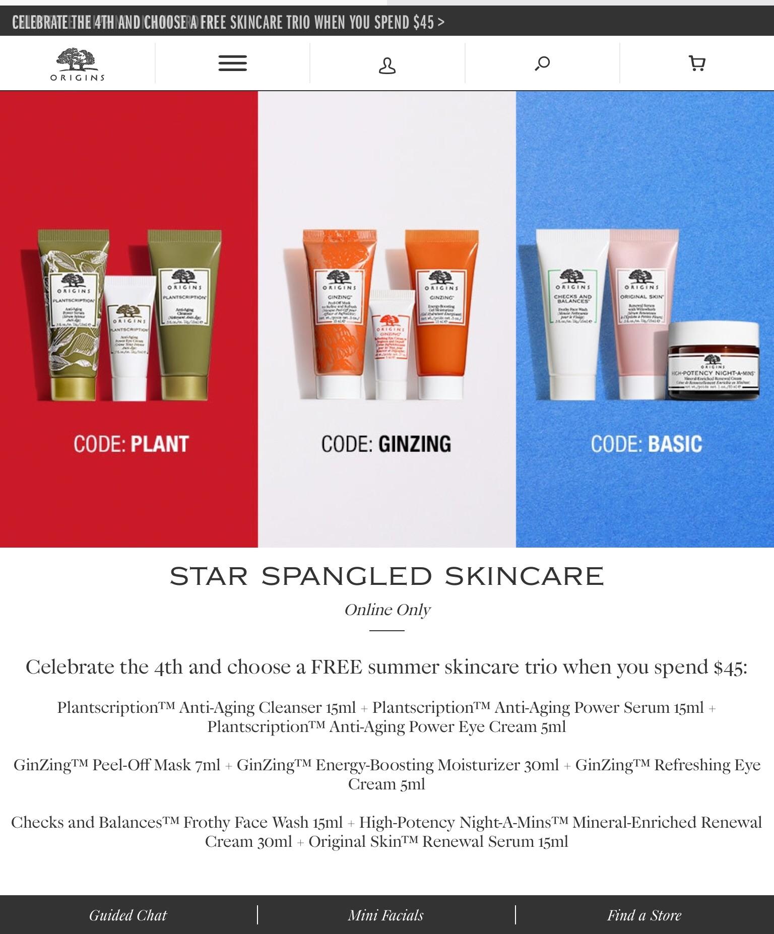 ORIGINS Star Spangled Skincare only) GWP Skincare Trio with any