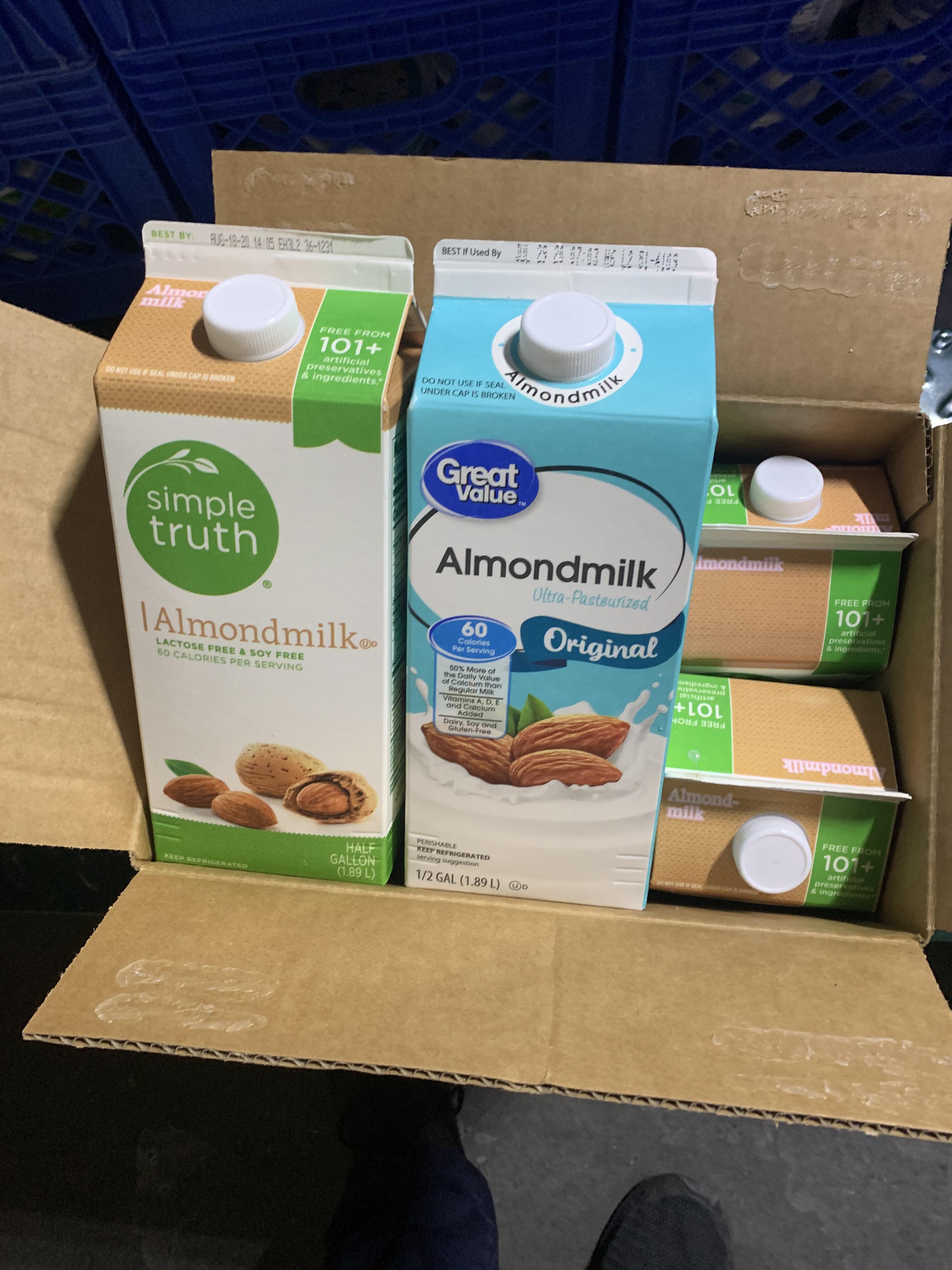 Walmart brand almond milk shipped with Kroger brand (side note the