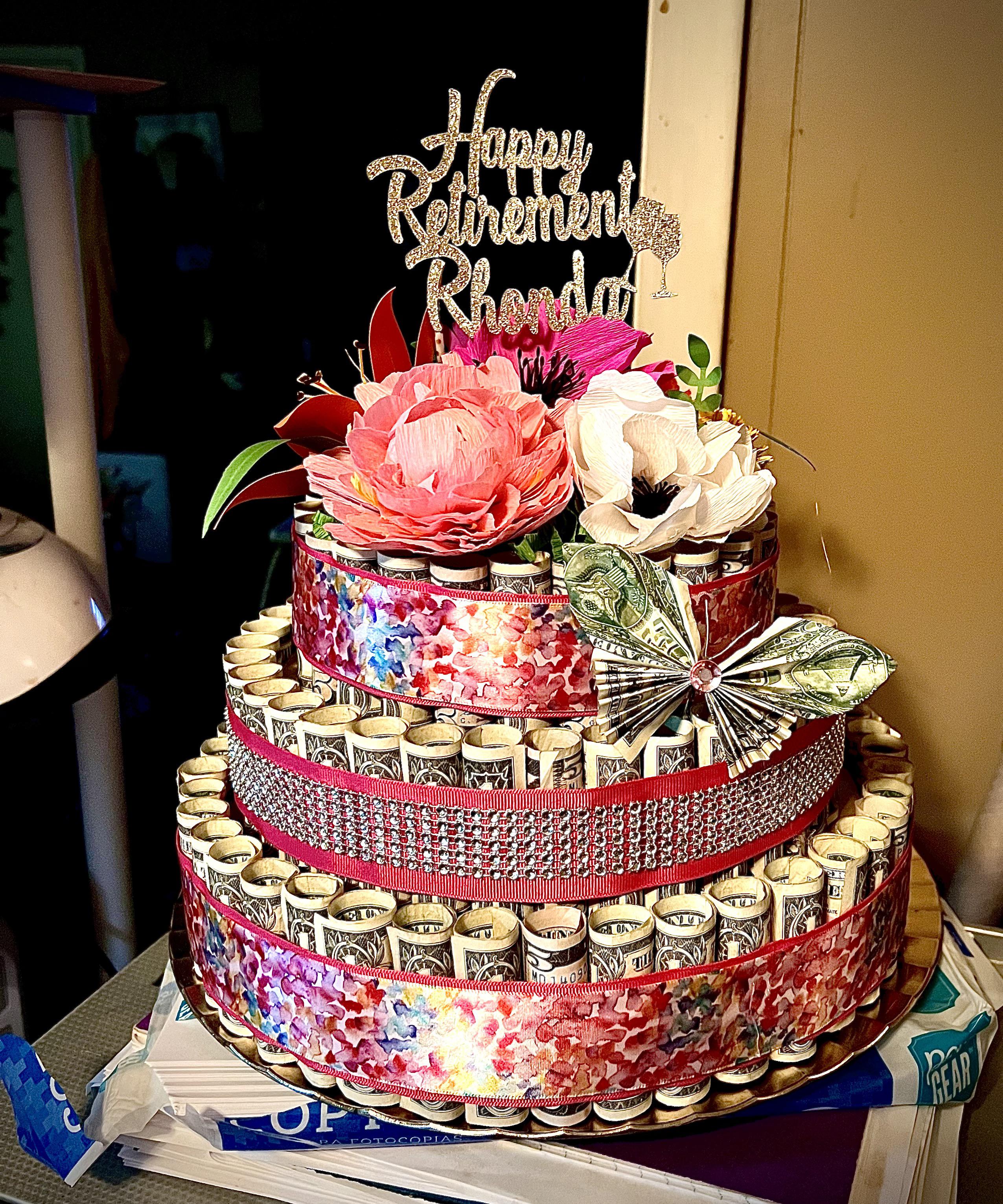 Money cake with paper flowers for retirement gift cricut